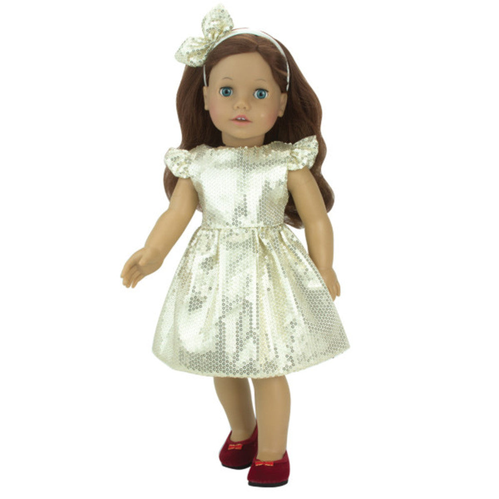Sophia’s Sparkly Sequin Holiday Special Occasion Dress & Matching Headband for 18” Dolls, Gold