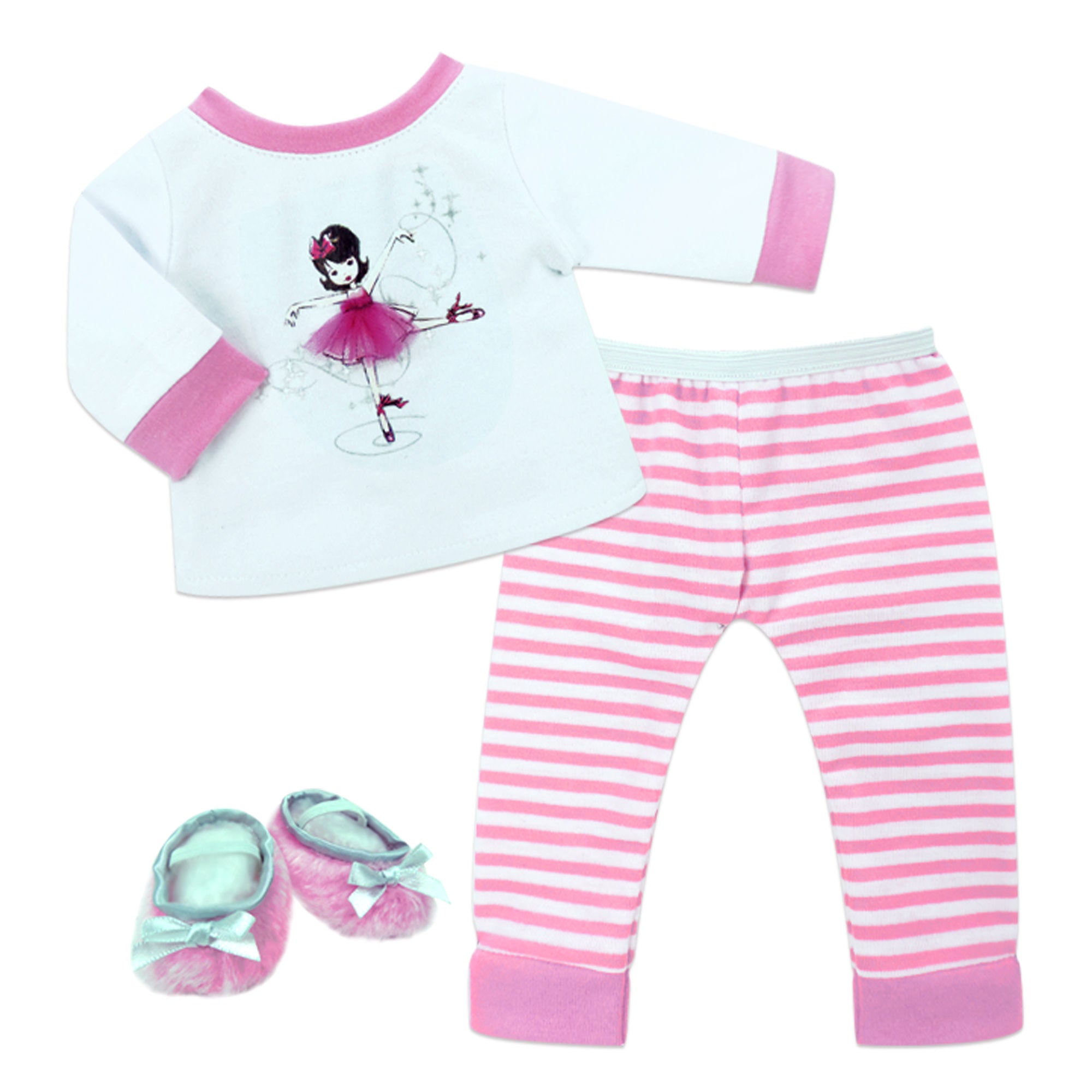 Sophia’s Long-Sleeved Ballerina Design Sleep Tee, Striped Pajama Pants, & Fuzzy Faux Fur Slippers with Silver Bows Complete Outfit Set for 15” Baby Dolls, Light Pink/White