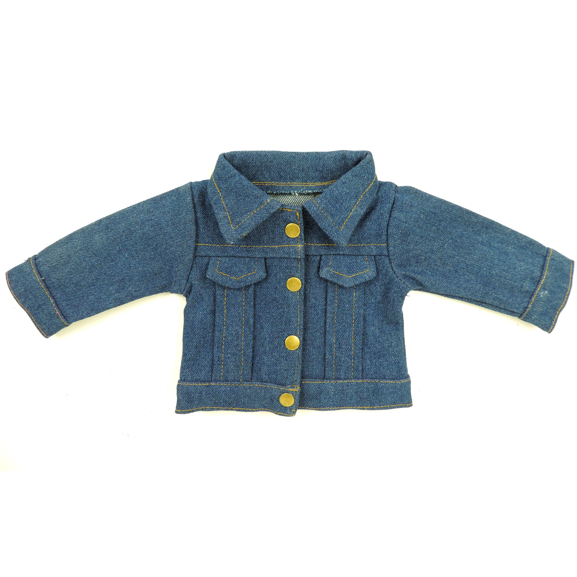 Sophia’s Gender-Neutral Mix & Match Denim Jean Jacket with Exposed Gold Stitching & Metallic Gold Buttons for 18” Dolls, Indigo Blue