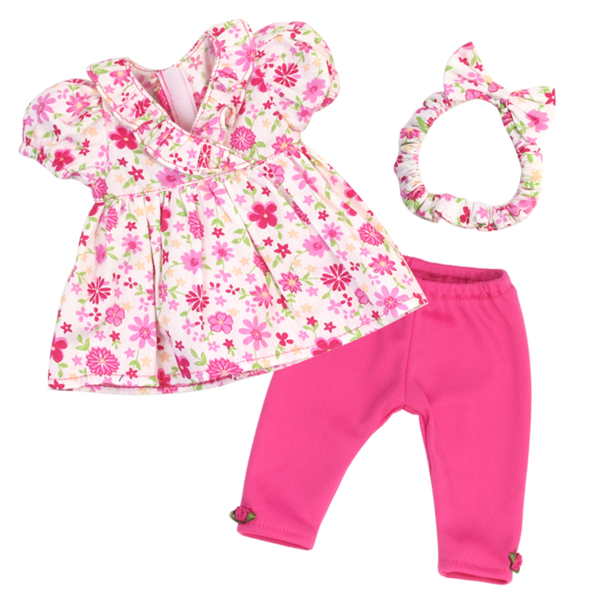 Sophia’s Pleated Floral Top, Leggings, & Headband with Bow Outfit Set for 12” Baby Dolls, Hot Pink