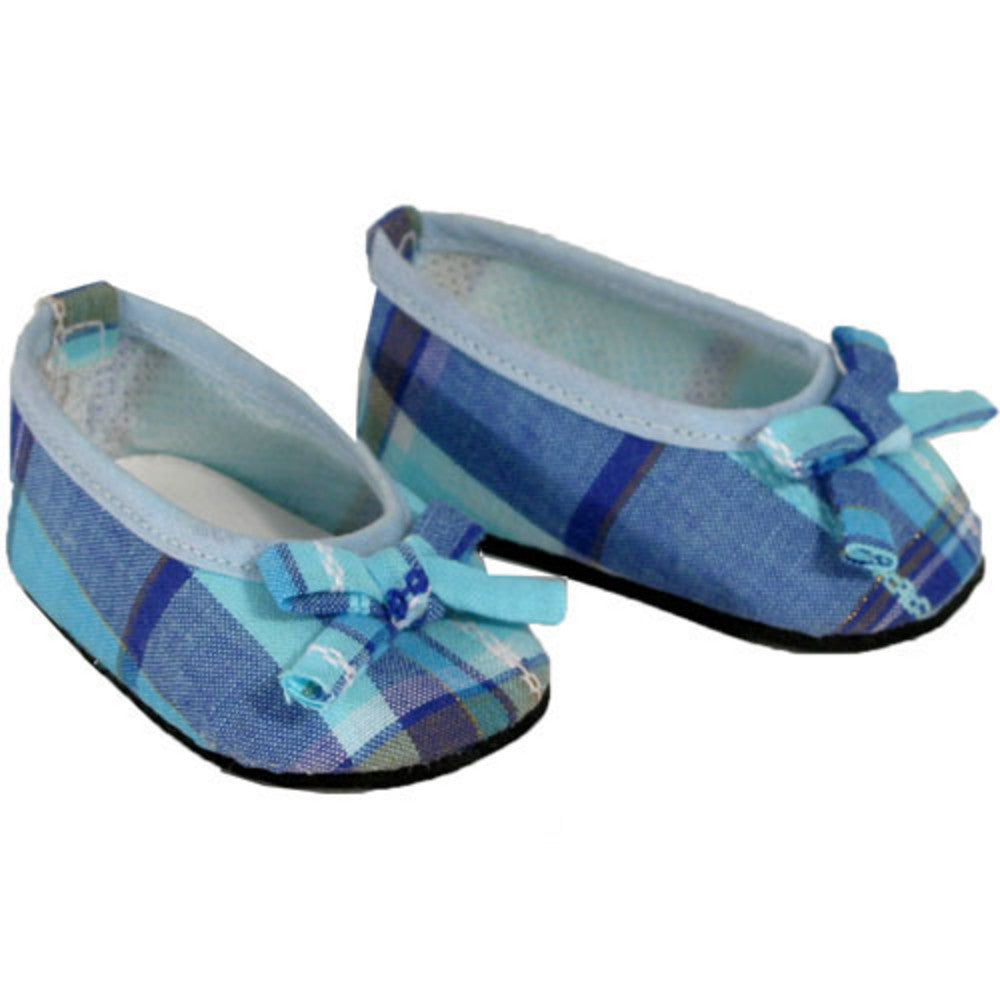 Sophia’s Plaid Ballet Flat Shoes with Bow & Exposed Stitch Accents for 18” Dolls, Blue
