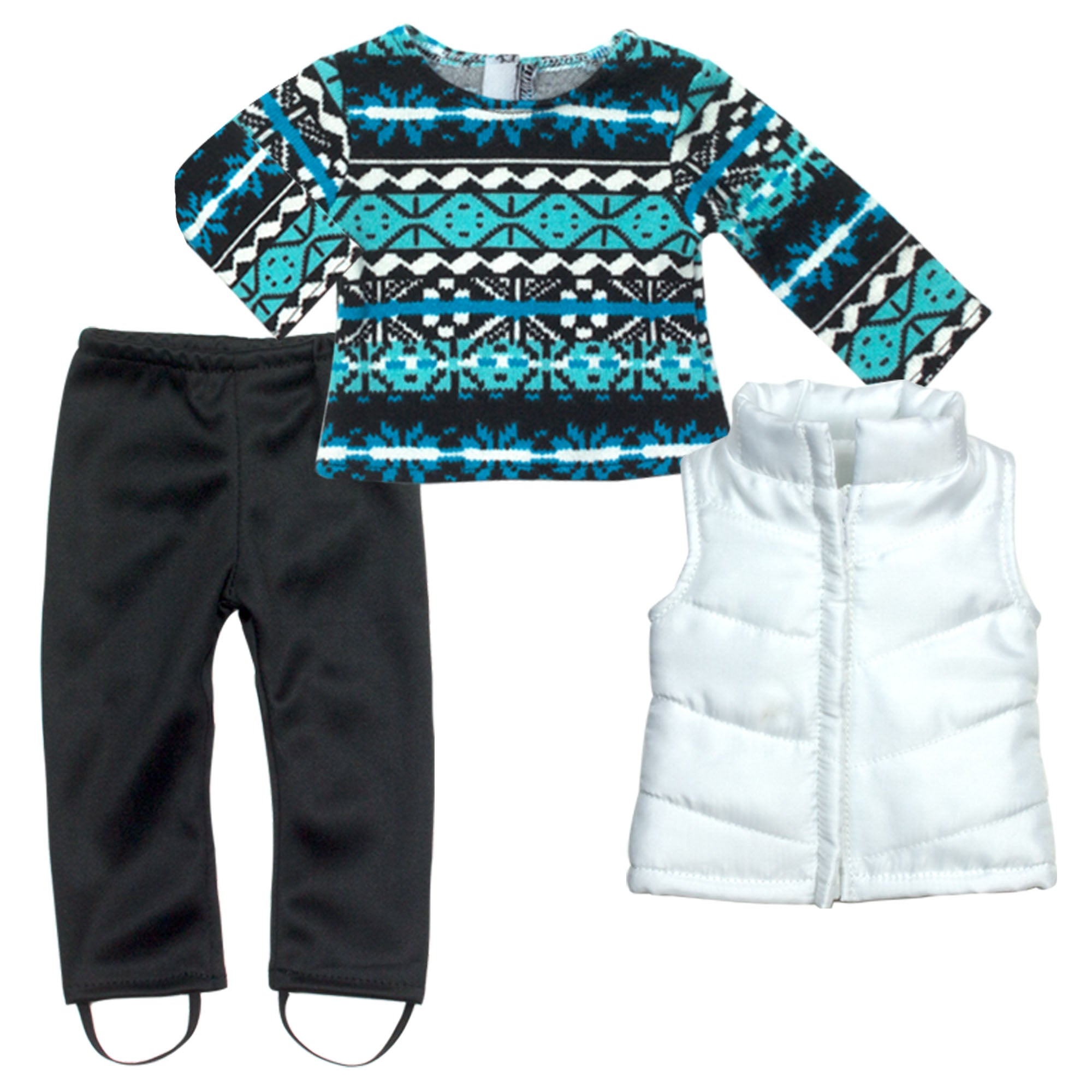 Sophia’s Complete Three-Piece Winter Boho Outfit with Ikat Print Sweater, Leggings, & Vest, Blue