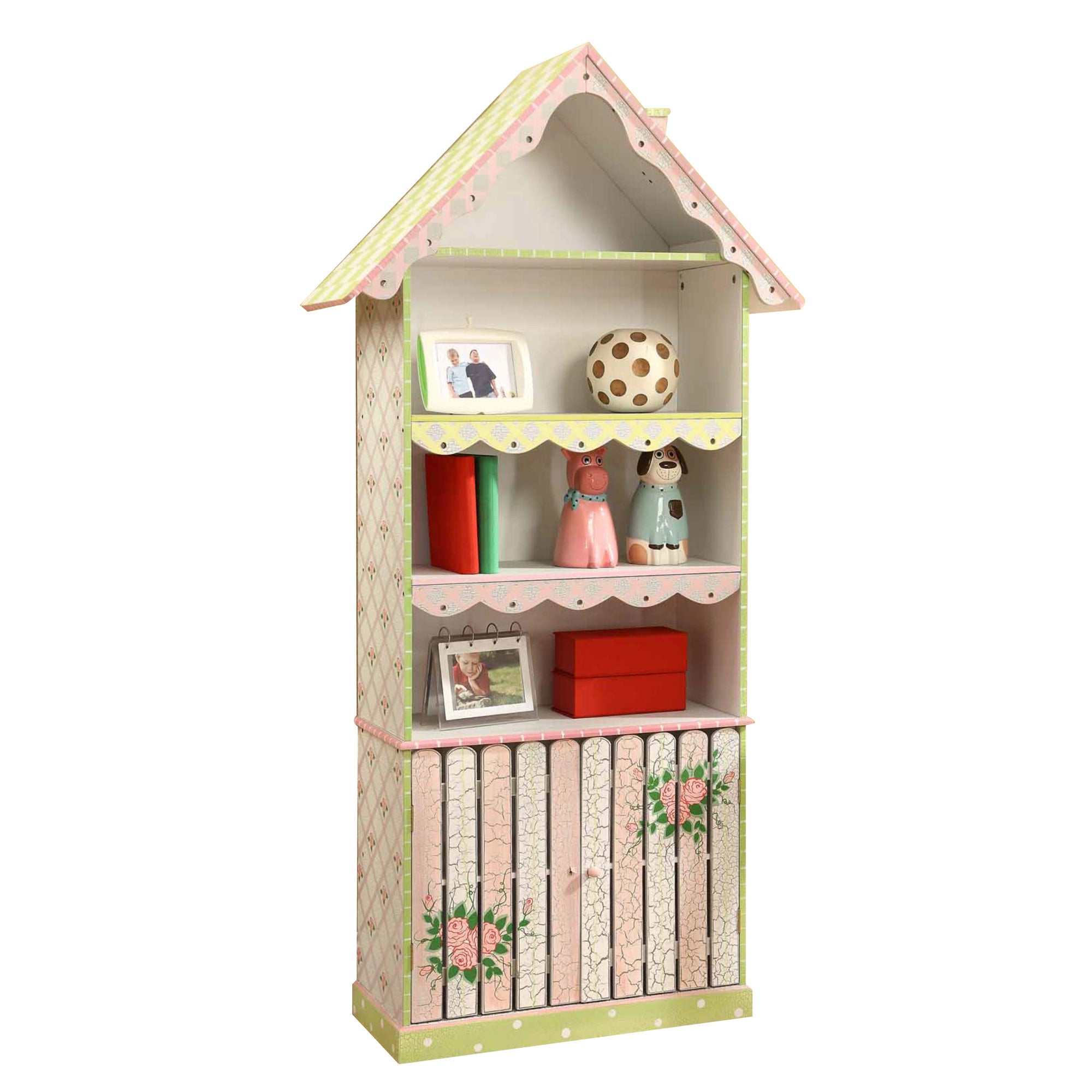 Fantasy Fields Kids Painted Wooden Crackled Rose Bookshelf House with Cabinet, Pink