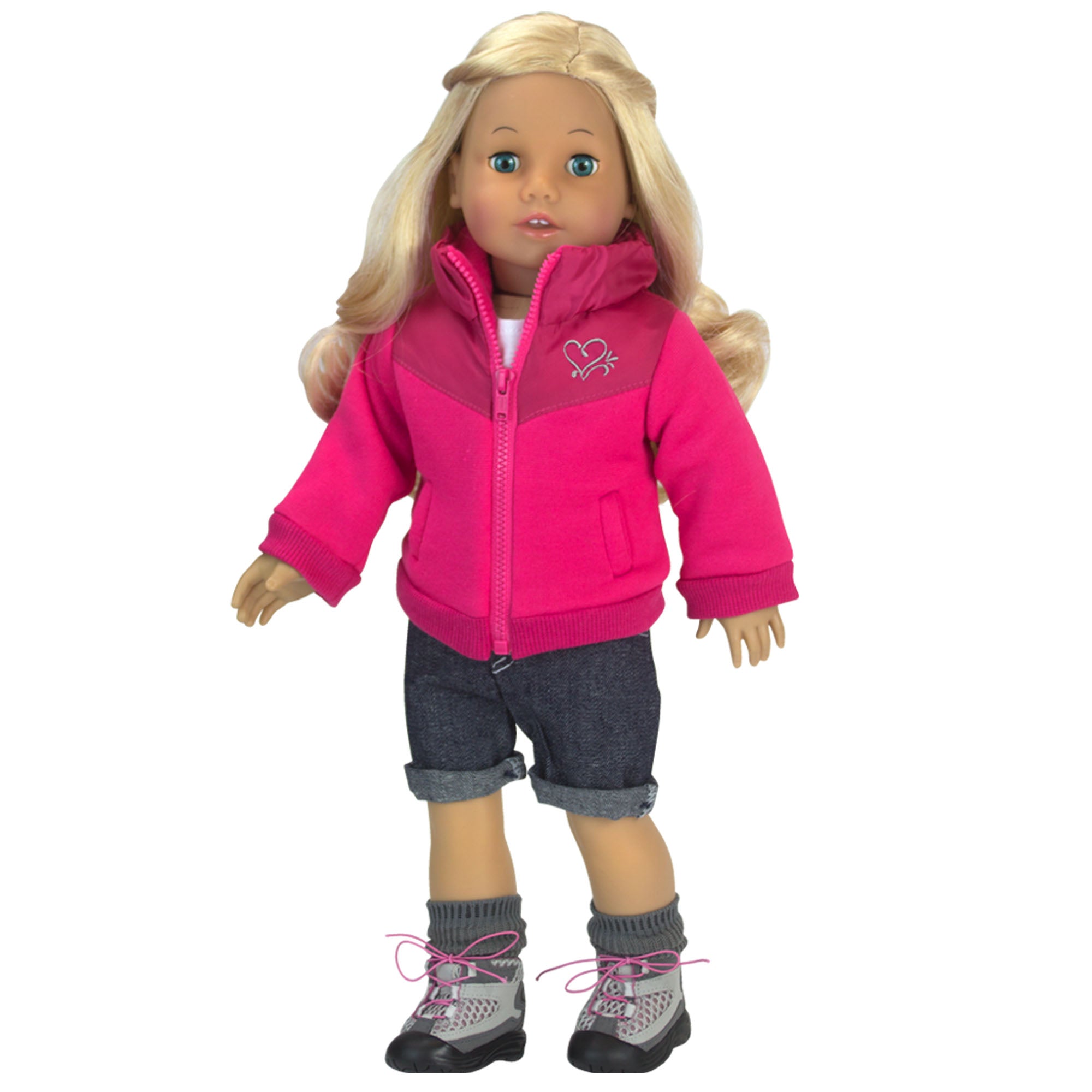 Sophia’s Nylon Fleece-Lined Winter Jacket with Silver Heart Embroidered Applique for 18” Dolls, Hot Pink