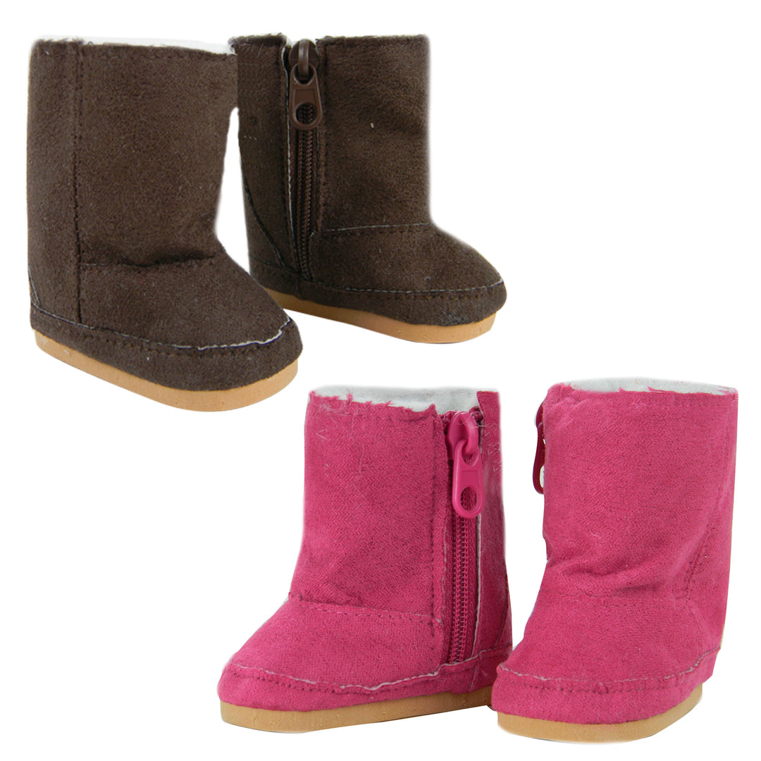 Sophia's 2 Pack of Suede Winter Boots with White Sherpa Lining for 18" Dolls, Hot Pink/Brown