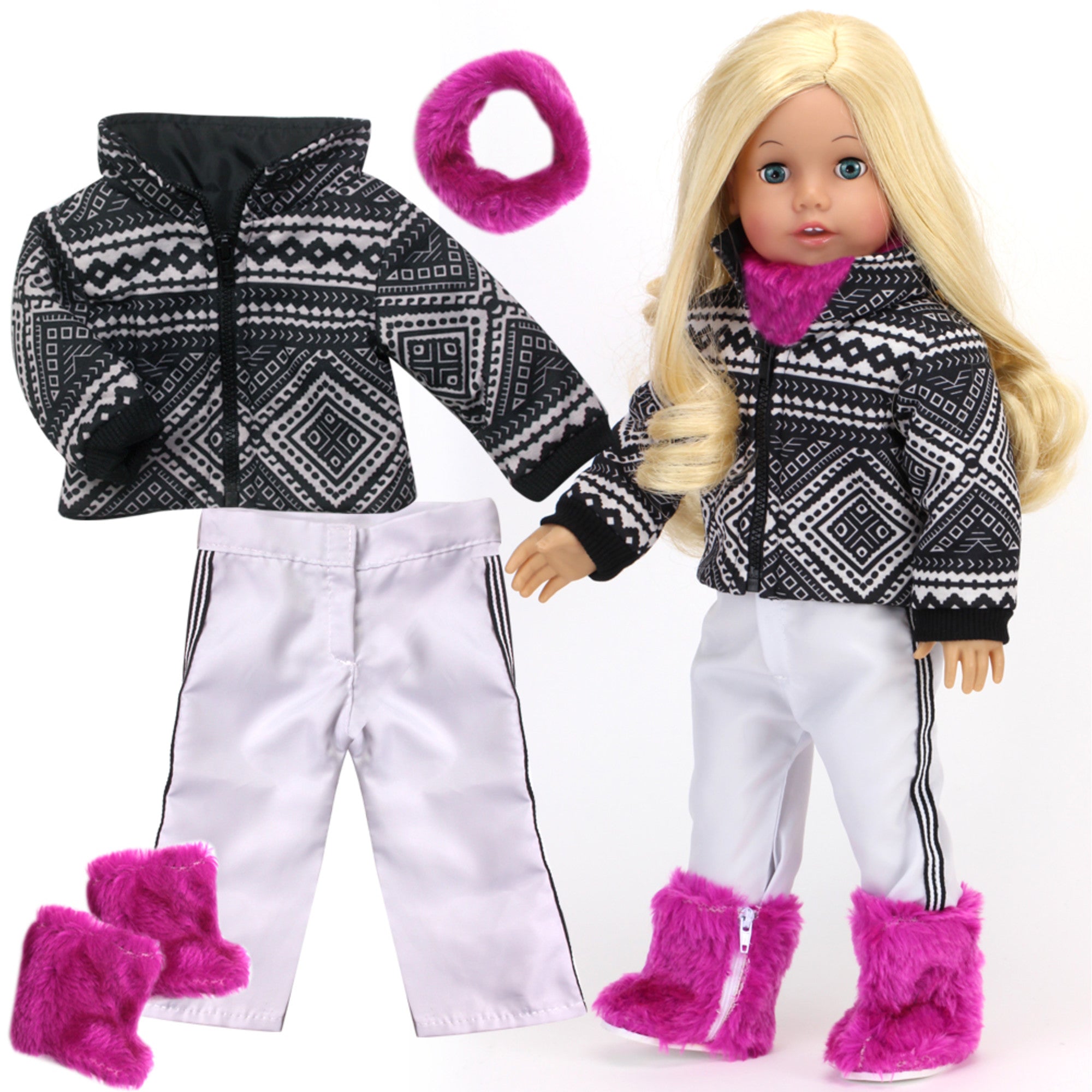 Sophia’s Mix & Match Ikat-Inspired Print Ski Coat, White Pants, Fuzzy Neck Warmer, & Matching Boots Winter Sports Outfit Set for 18” Dolls, Black/Berry