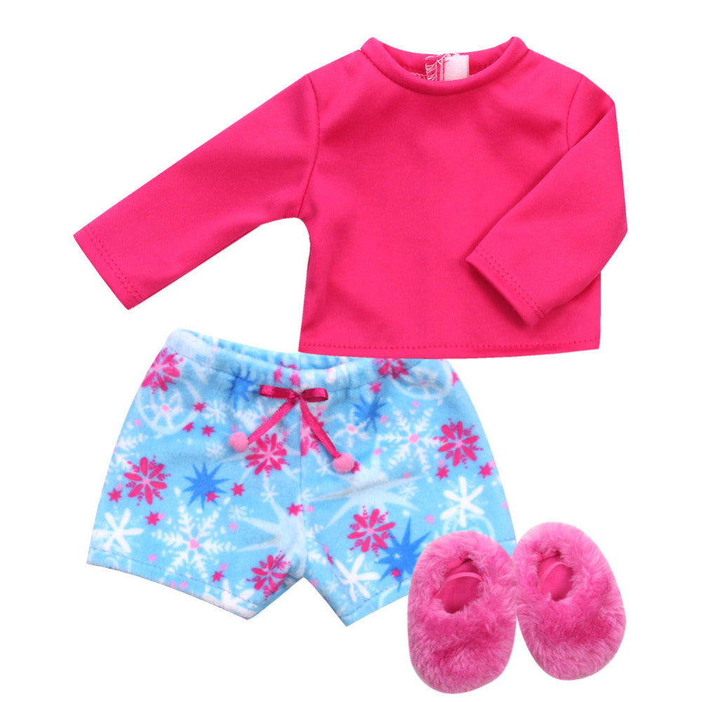 Sophia’s Complete Pajama Fleece Snowflake Print Sleep Shorts, Long-Sleeved Shirt, & Fuzzy Slippers for 18” Dolls, Blue/Pink