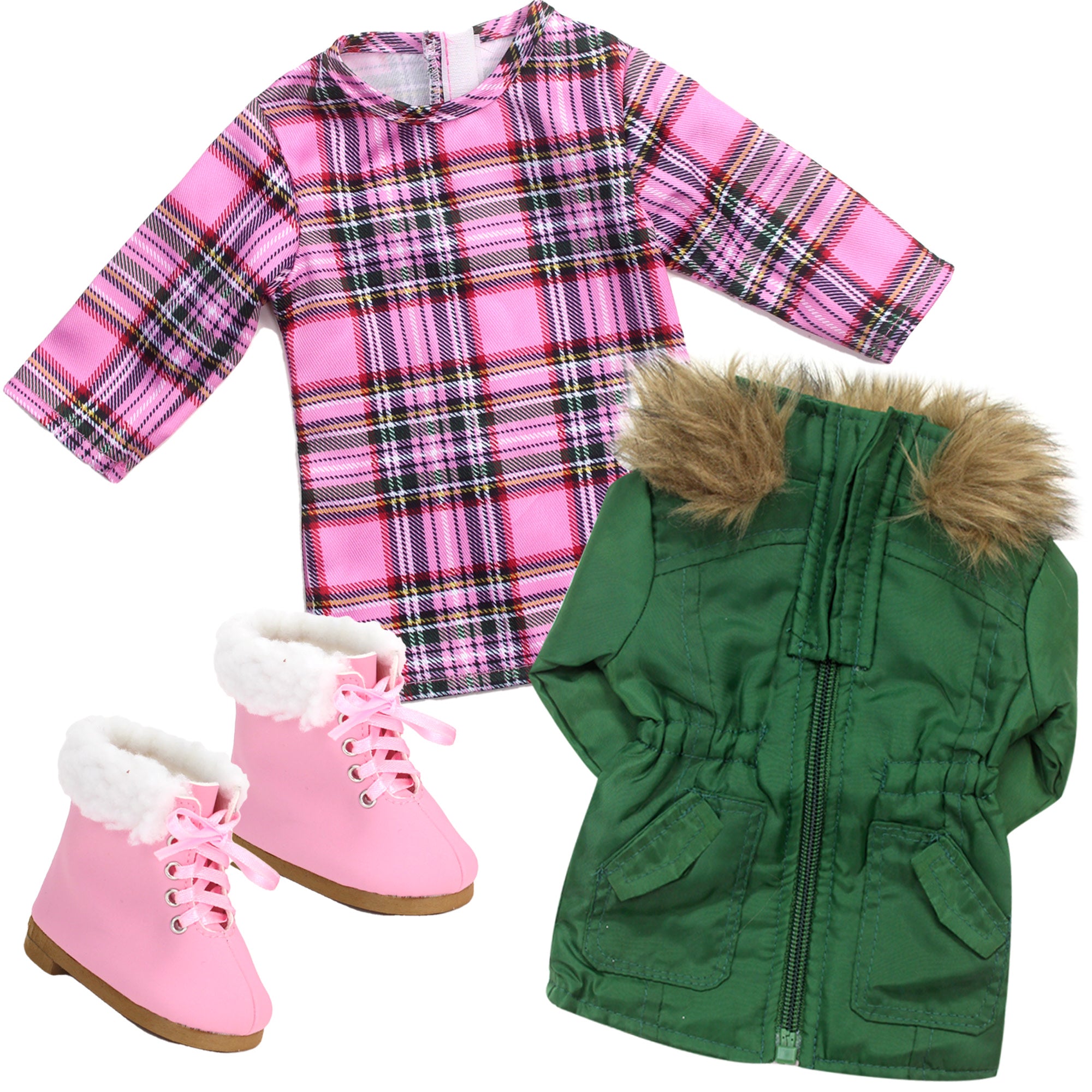 Sophia’s Complete Fall Outfit with Plaid Long-Sleeved Dress, Fur-Trimmed Parka, & Lace-Up Booties for 18” Dolls, Pink/Green