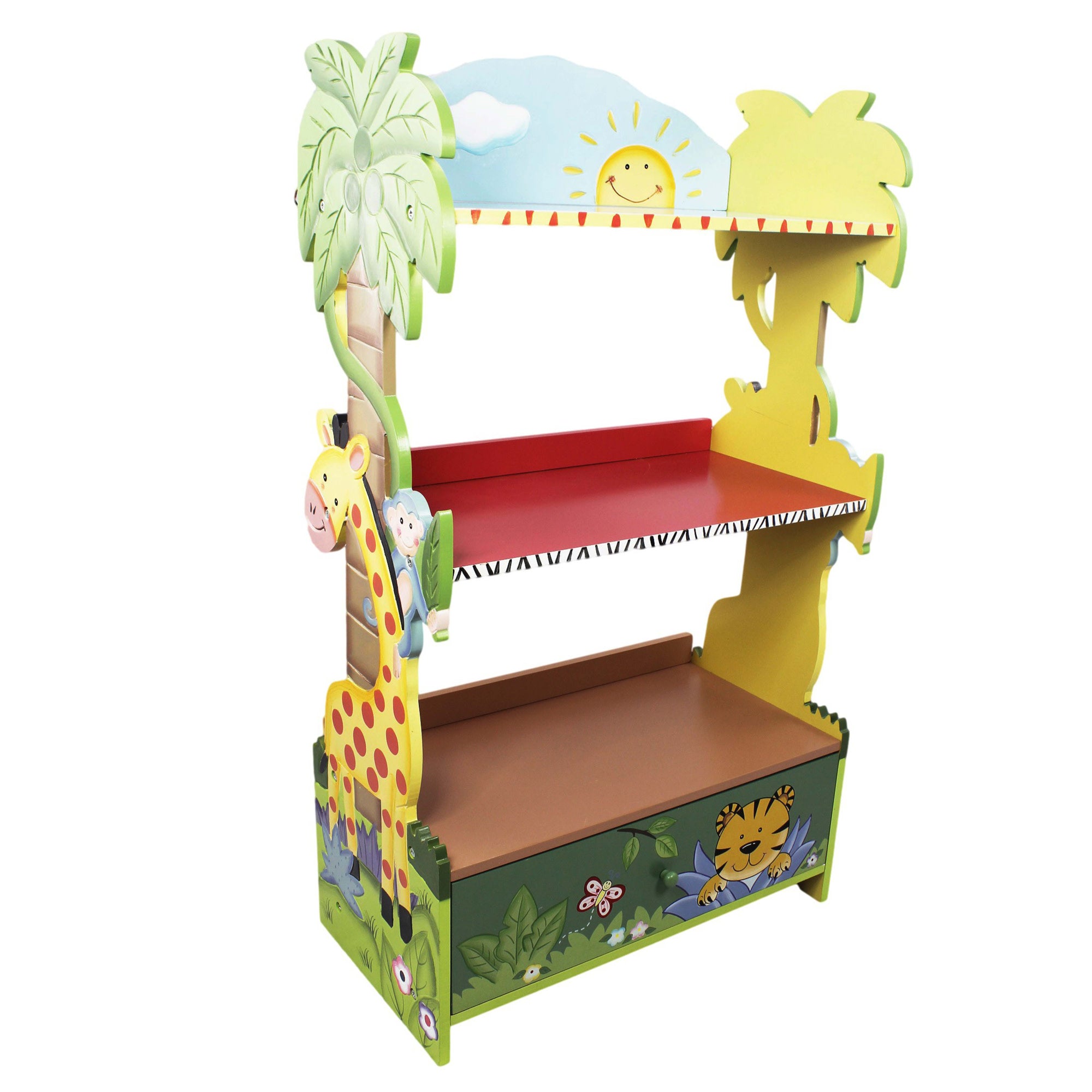Fantasy Fields Kids Painted Wooden Sunny Safari Bookshelf with Storage Drawer, Multicolor