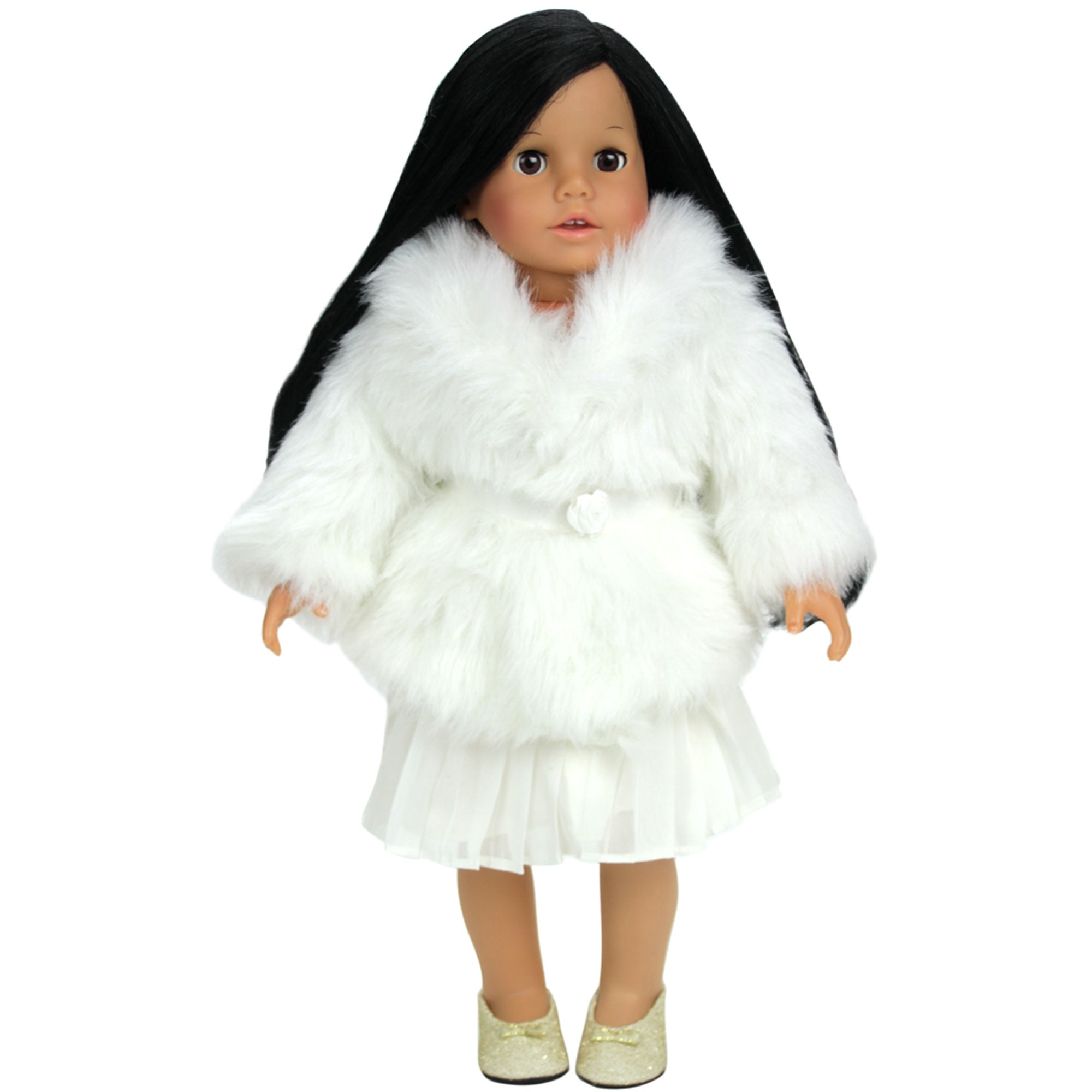 Sophia's Faux Fur Dress Coat with Large Collar and Sash Closure for 18" Dolls, Ivory