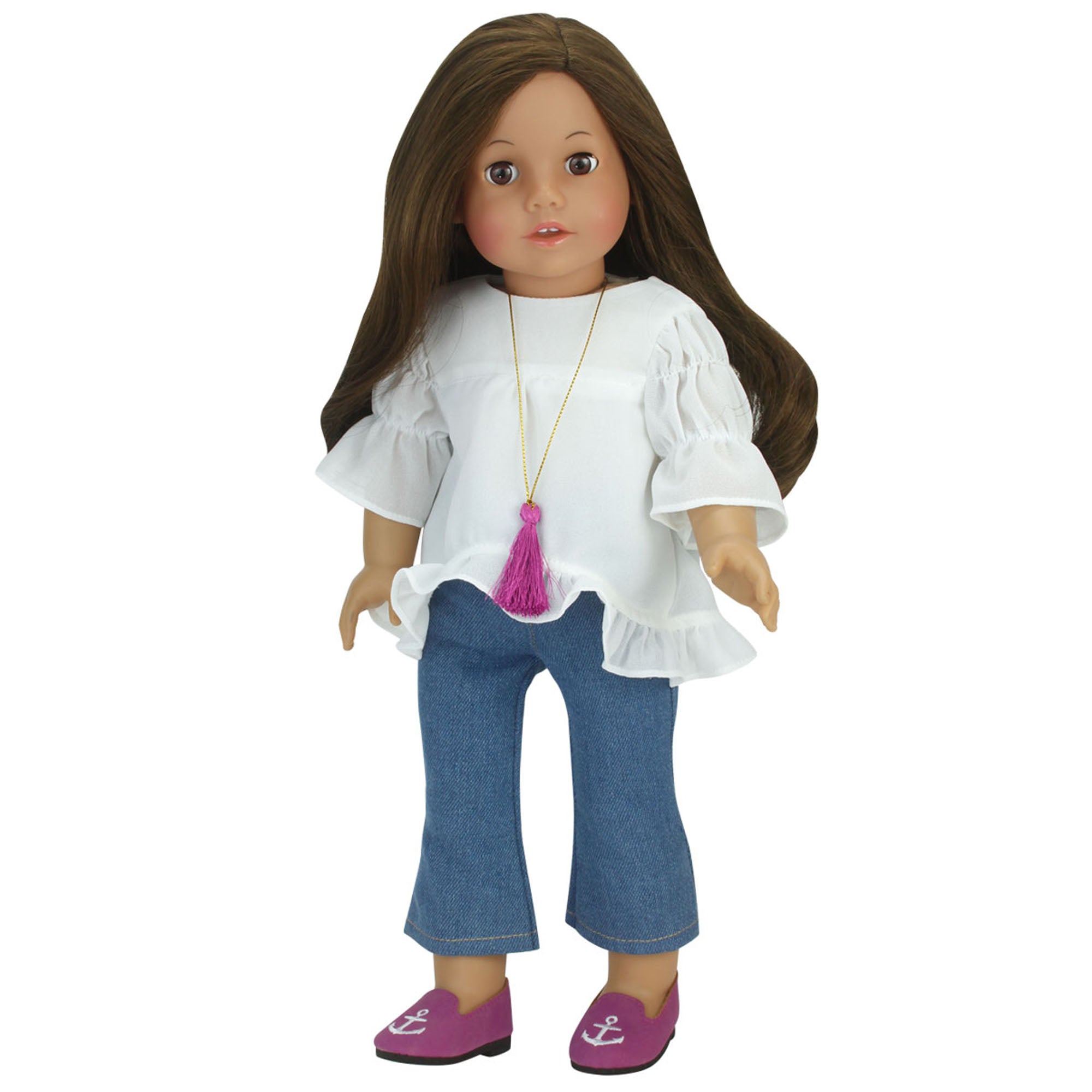 Sophia’s Three-Piece Vintage Peasant Blouse, Crop Flare Jeans, & Magenta Tassel Necklace on Gold Chain for 18” Dolls, White