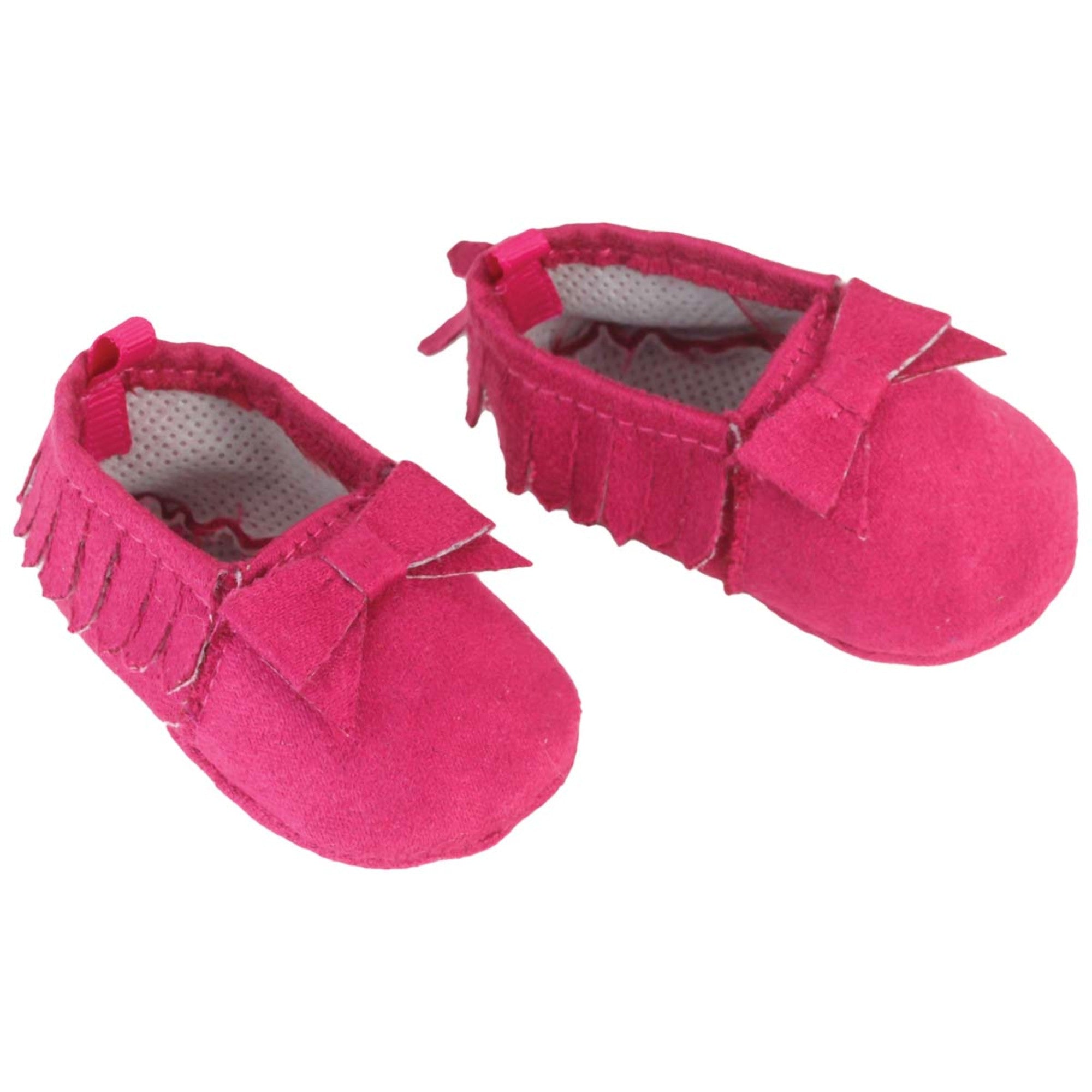 Sophia’s Small Adorable Mix & Match Suede Slip-On Moccasin Shoes with Fringe Details and Bows for 15” Baby Dolls, Hot Pink