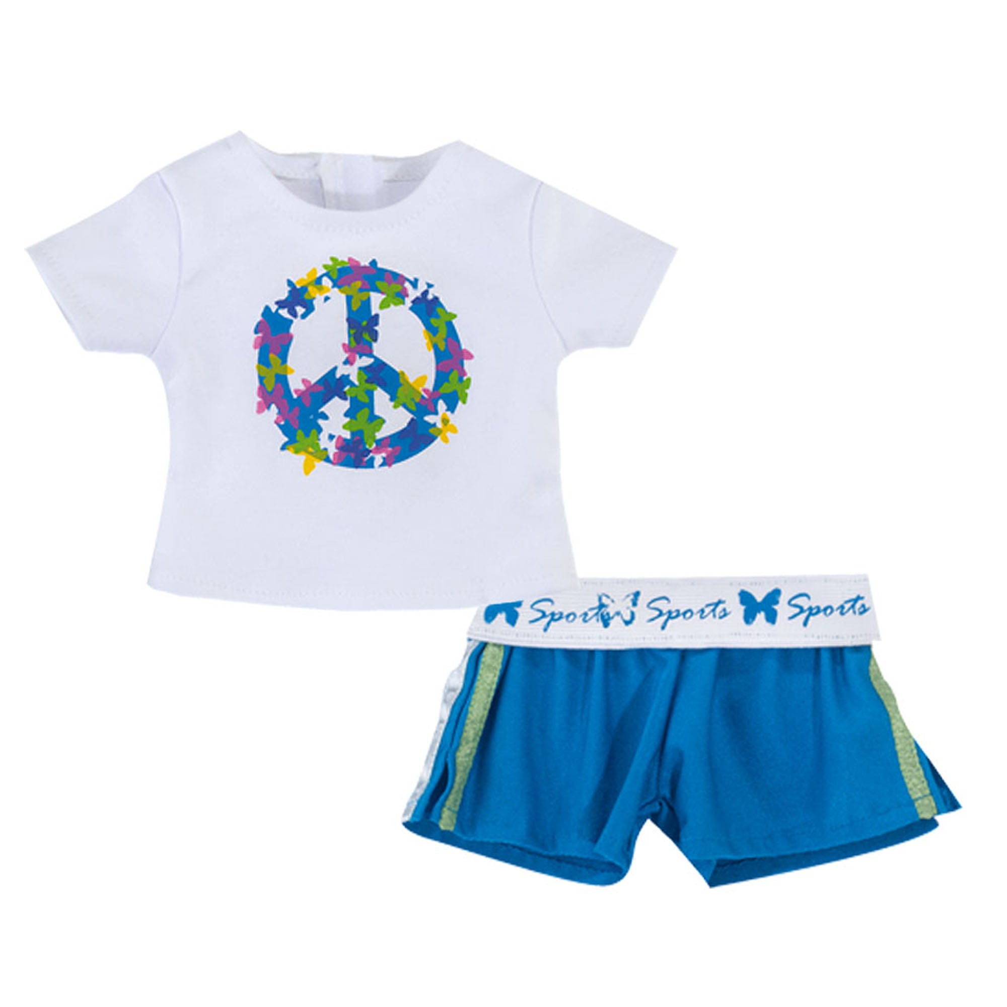 Sophia’s Mix & Match Spring Peace Sign Short Sleeve Tee Shirt & Sports Shorts with Elastic Waistband for 18” Dolls, White/Blue
