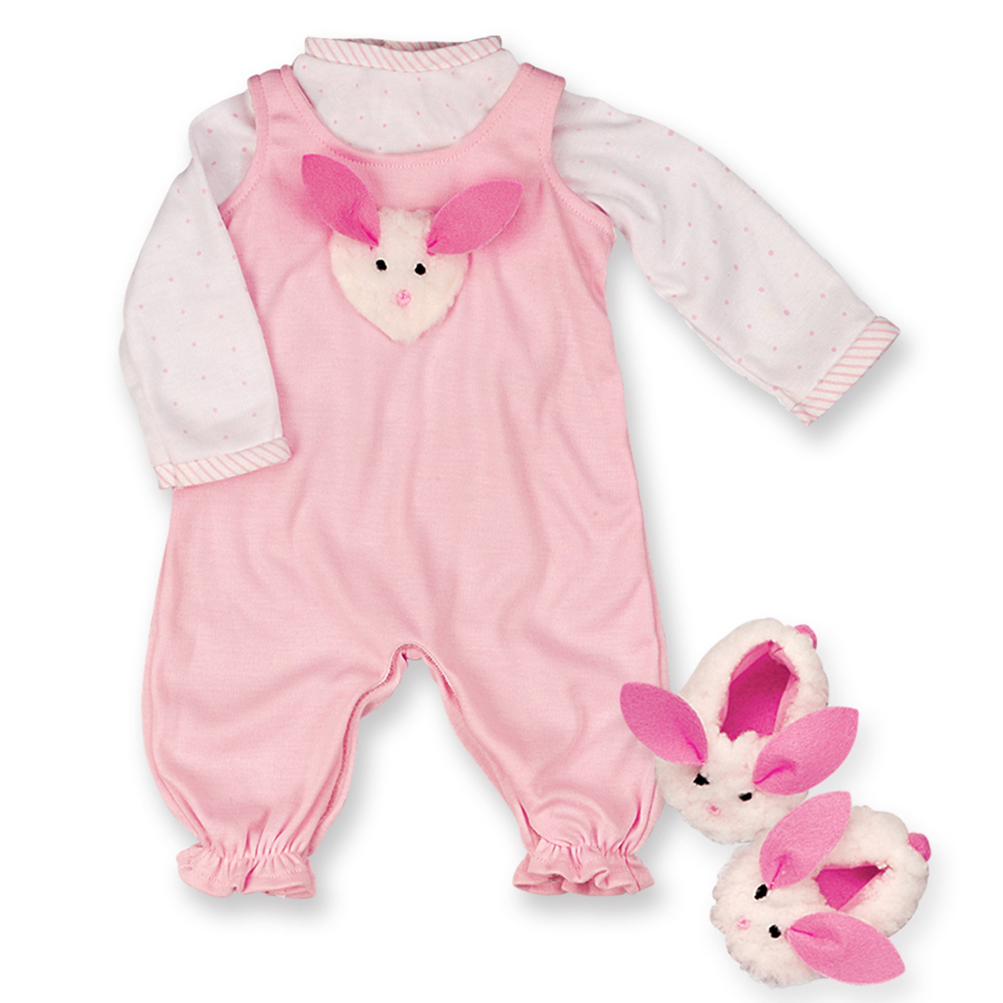 Sophia’s Bunny Jumper with Fluffy Slippers & Long-Sleeved Polka-Dot Undershirt for 12” Baby Dolls, Light Pink