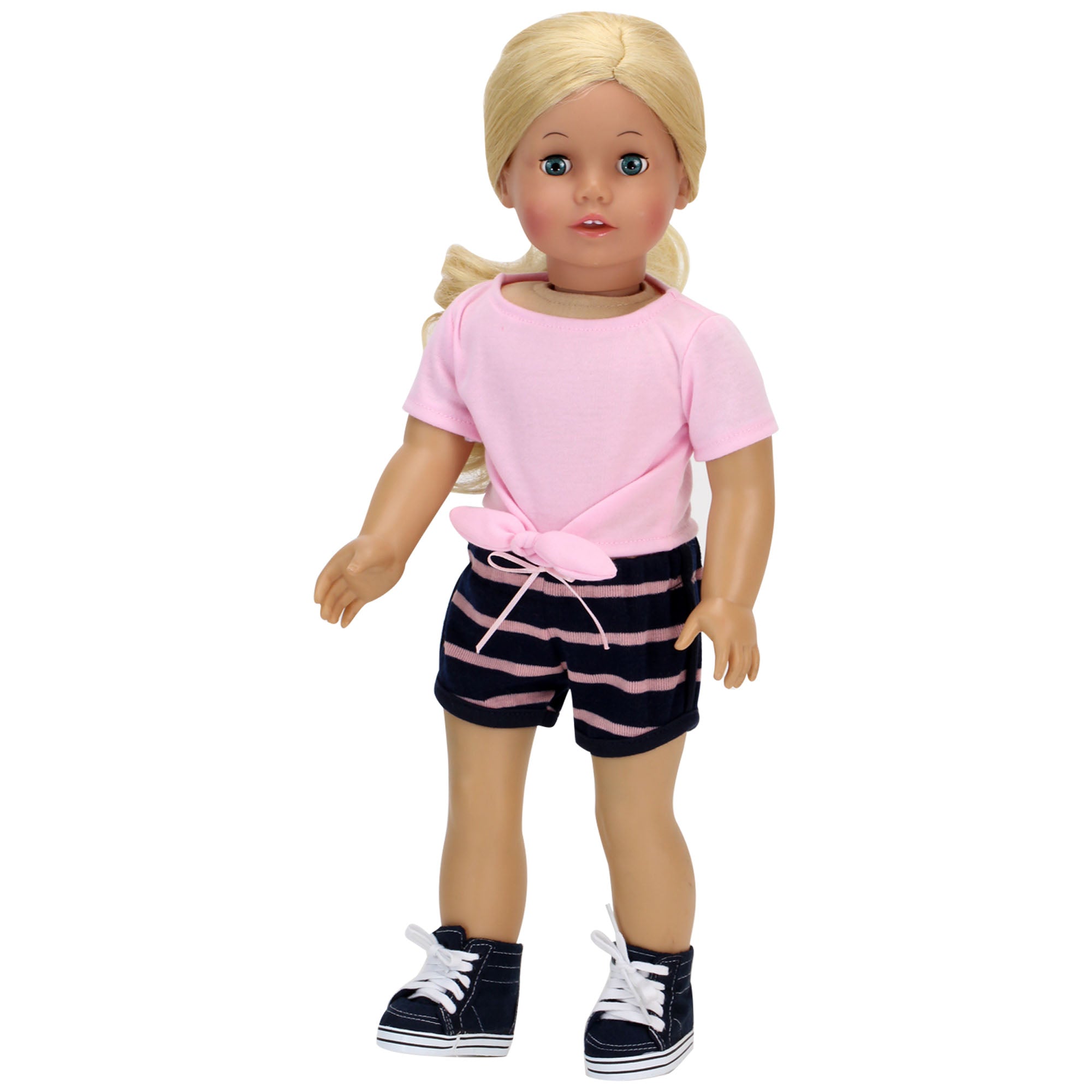 Sophia's 2 Piece Summer Outfit with Tie Front Tee and Striped Shorts for 18" Dolls, Pink/Navy