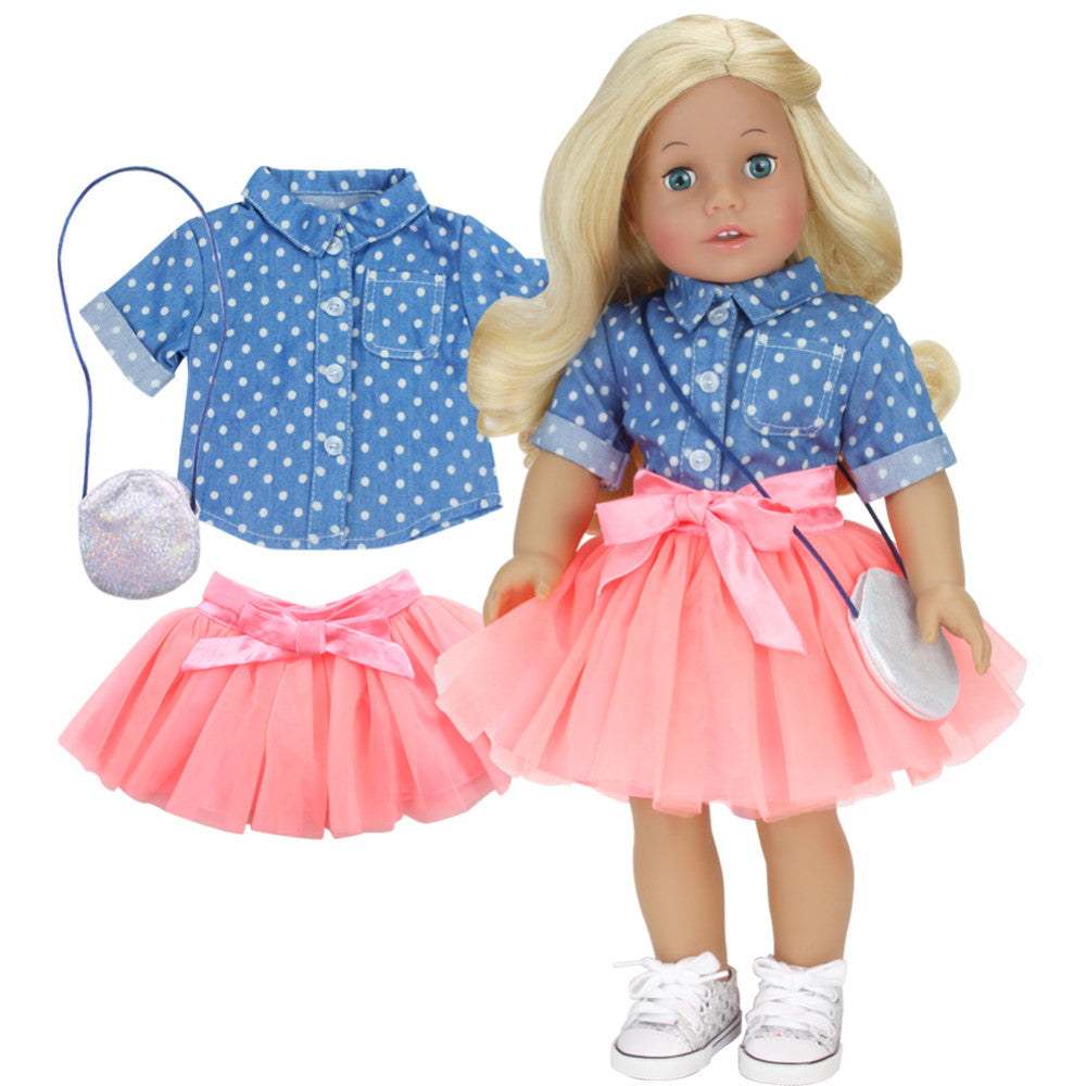 Sophia’s Complete 3-Piece Denim Polka Dot Shirt, Short Ball Skirt, & Sparkly Round Purse Outfit Set for 18” Dolls, Blue/Pink