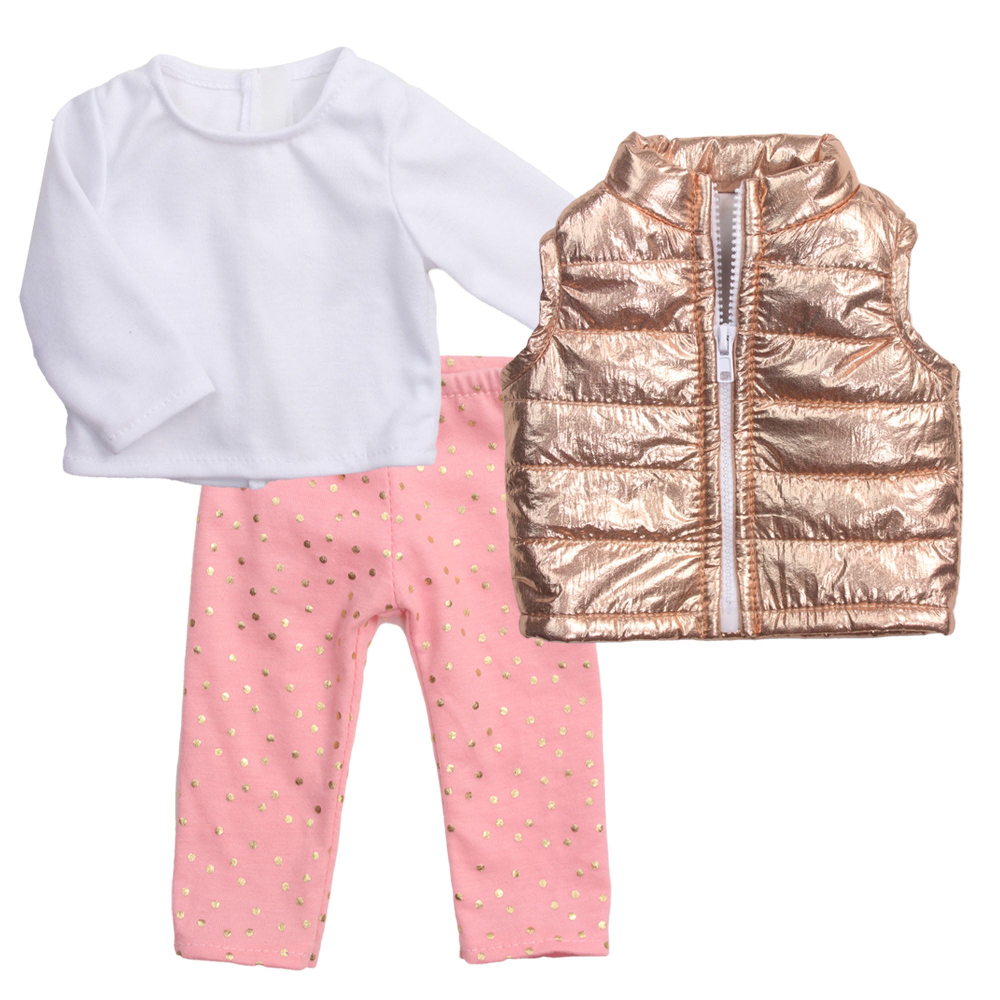 Sophia’s Metallic Zip-Up Vest, Peach Leggings with Gold Polka Dots, & White Long-Sleeved T-Shirt Complete Outfit Set for 18” Dolls, Gold