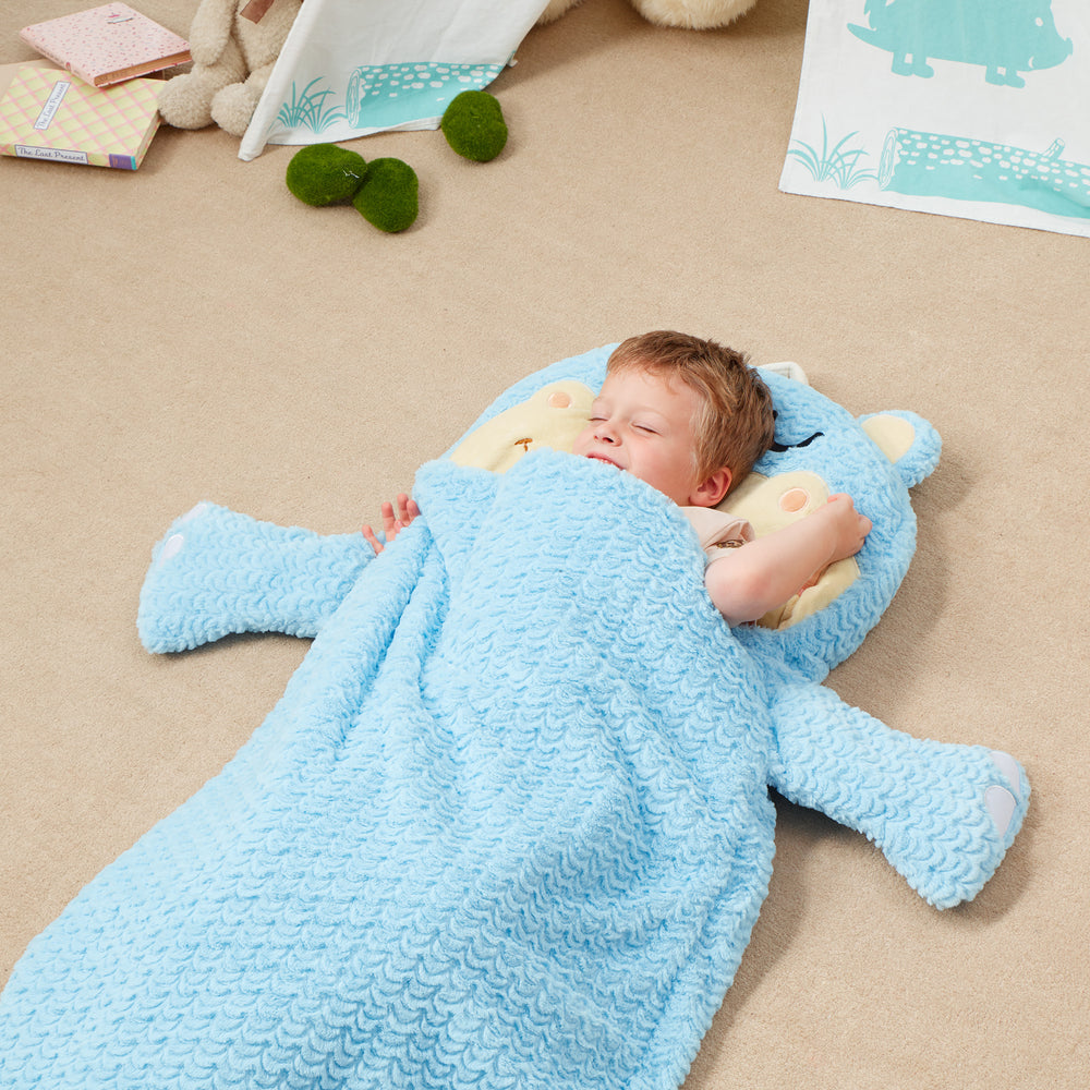 Fantasy Fields Pajama Party Time Hippo Sleeping Bag with Arms, Legs, Embroidered Sleepy Face, & Built-In Fabric Handle, Blue