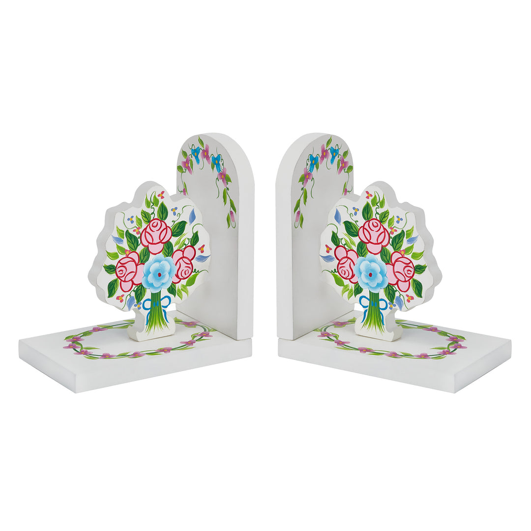 Fantasy Fields Toy Furniture Bouquet Set of Bookends with Hand-Carved & Hand-Painted Flowers, White