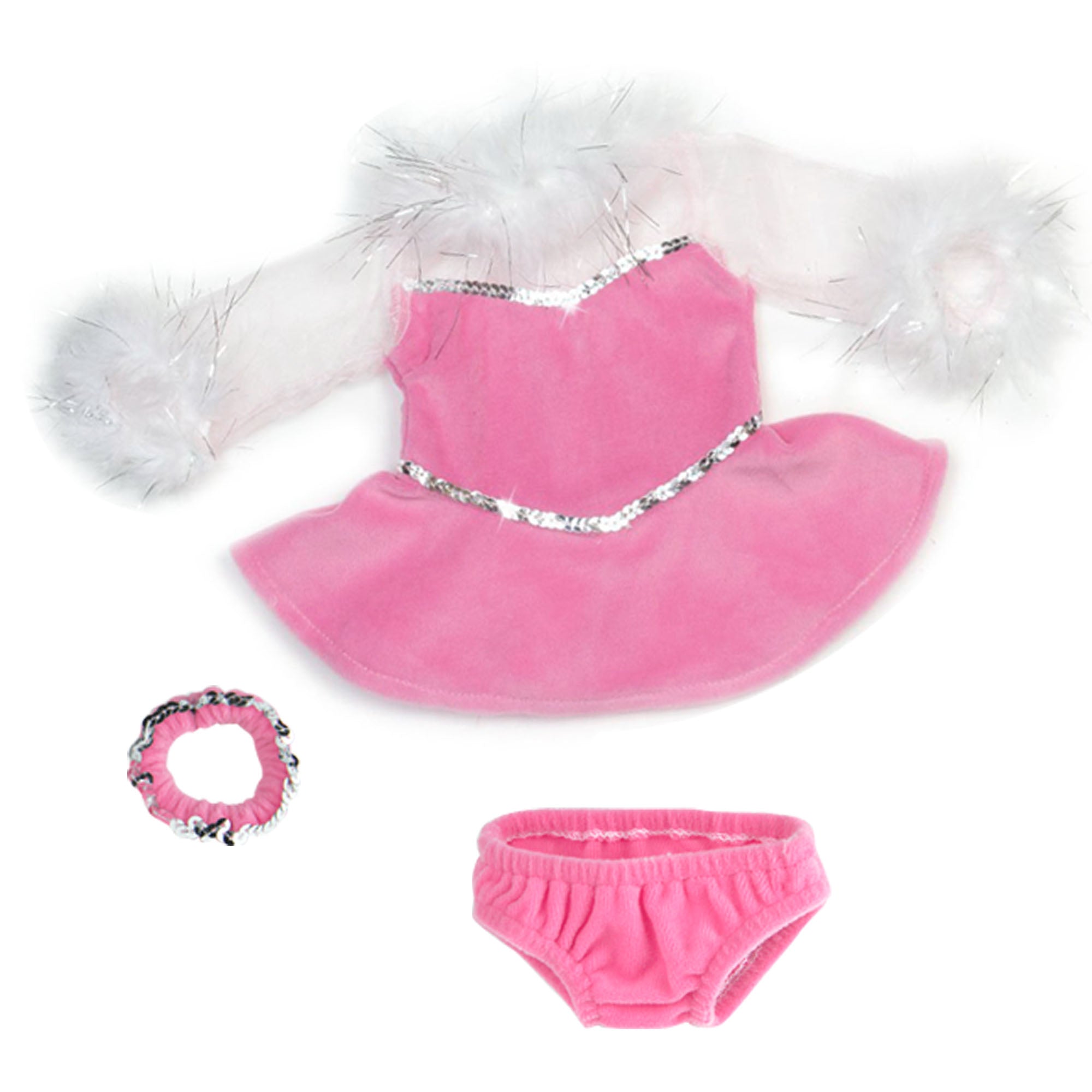 Sophia’s Complete Three-Piece Ice Skating Costume Set Including Gown with Mesh Sleeves & Silver Sequins, Panties, & Scrunchy Ponytail Holder for 18” Dolls, Pink