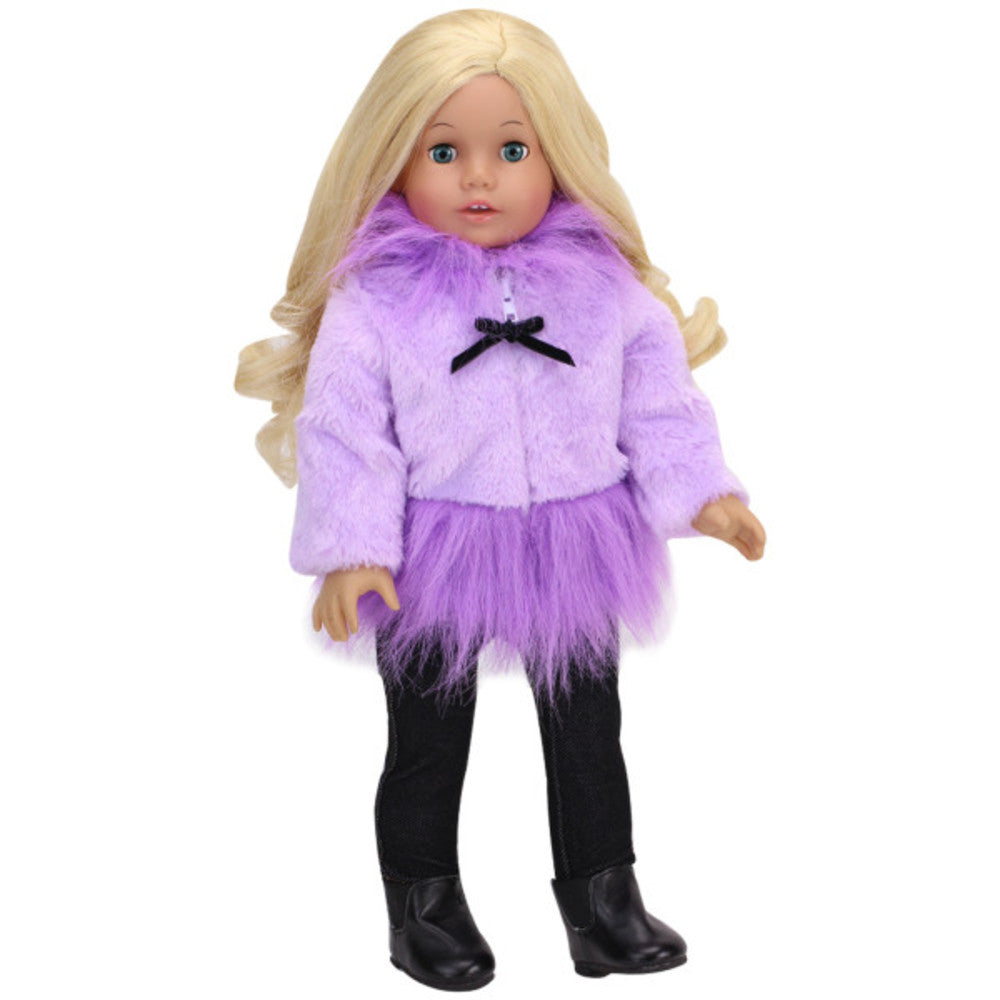 Sophia’s Glamorous Hollywood Two Tone Fur Dress Coat with Black Velvet Bow and Zip-Up Front for 18” Dolls, Lavender