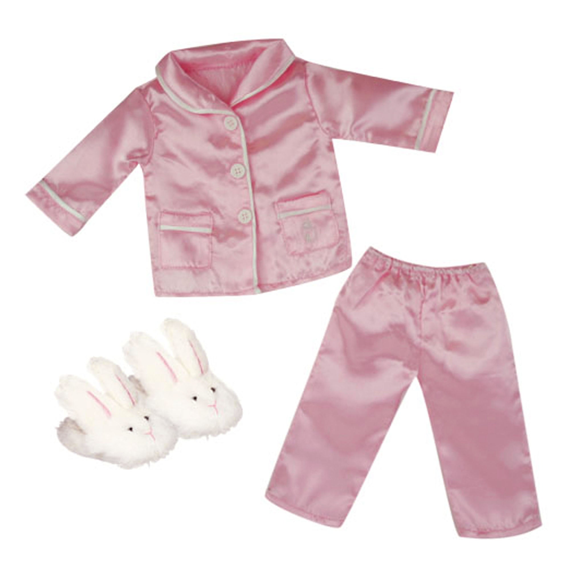 Sophia’s Super Cute Basic Solid-Colored Mix & Match Luxurious Satin Pajama Set with Fuzzy Bunny Slippers for 18” Dolls, Pink