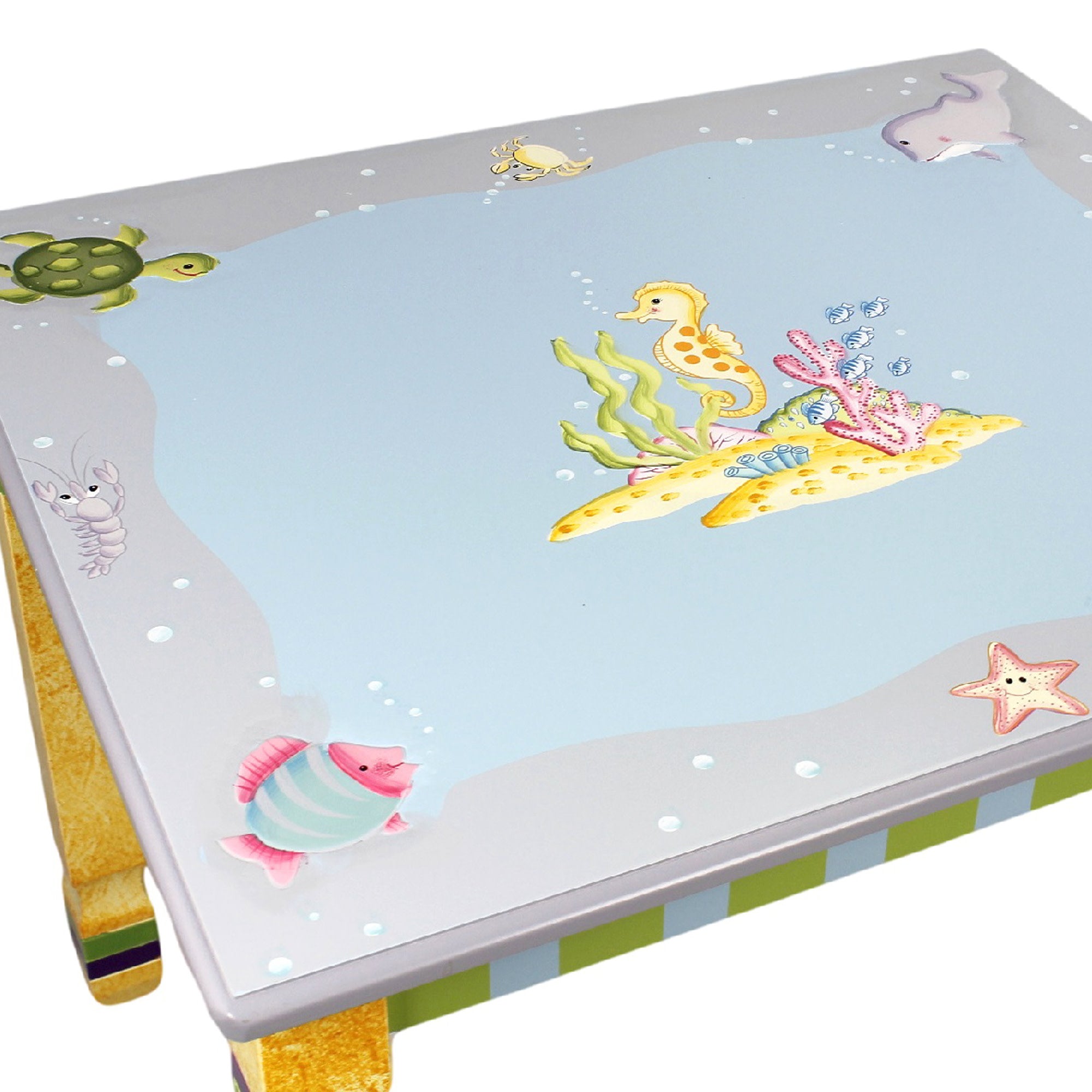 Fantasy Fields Toy Furniture Under the Sea Table with Hand-Carved Distressed Sponge Finish Legs, Striped Apron, & Hand-Painted Sea Creature Top, Blue/Yellow