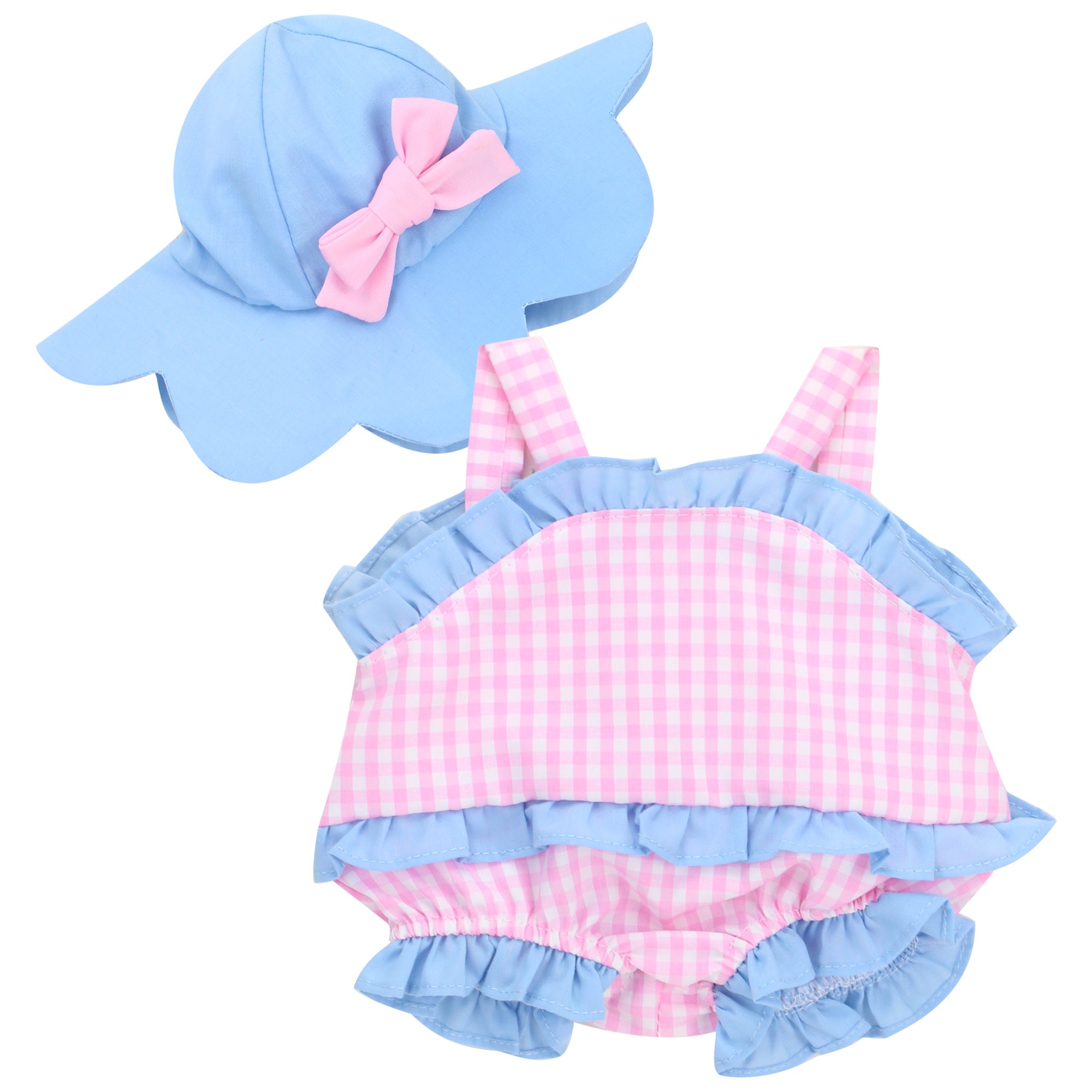 Sophia's Gingham Romper Outfit and Hat Set for 15'' Dolls, Pink/Blue