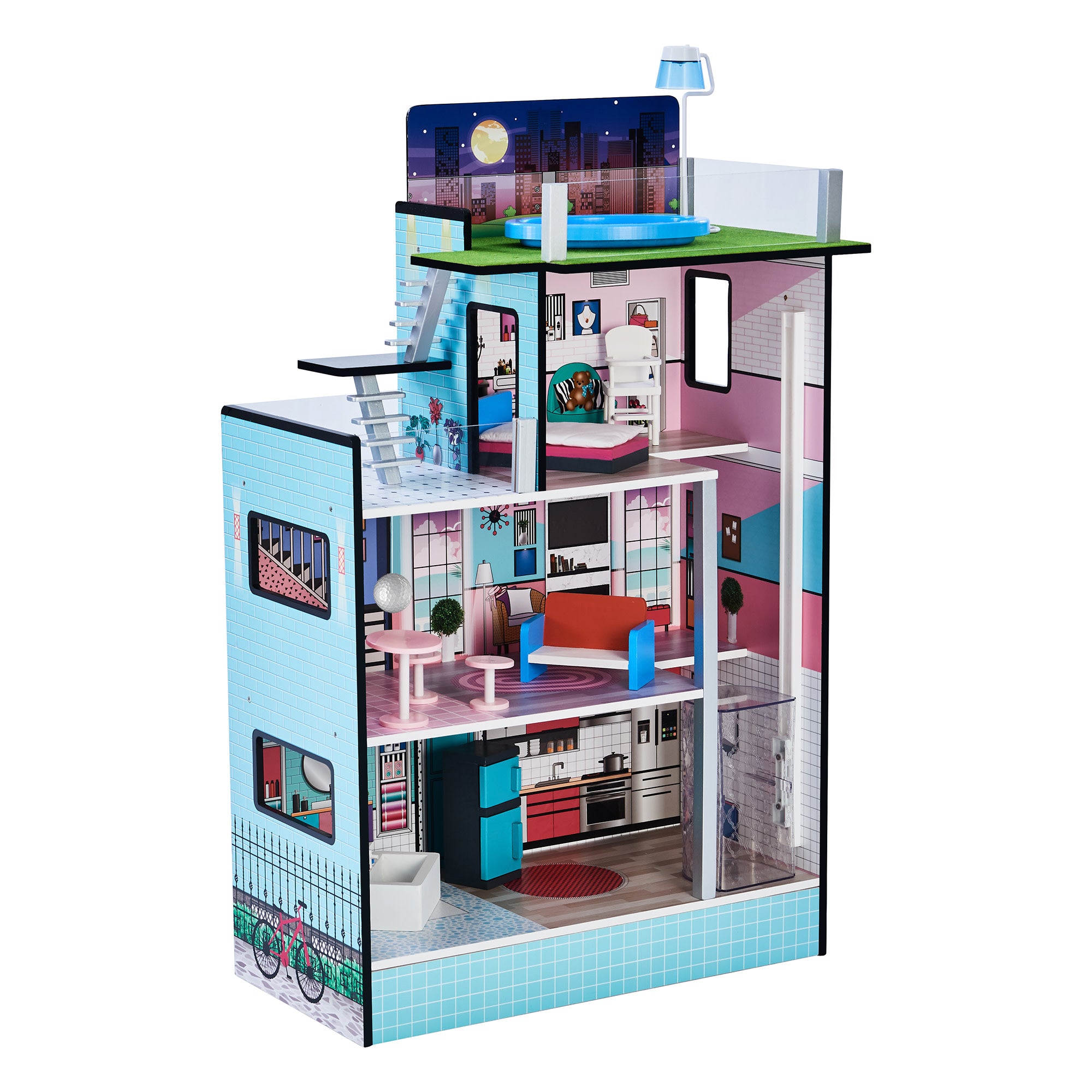 Teamson Kids Dreamland Barcelona Dollhouse with 10 Accessories, Turquoise/Black