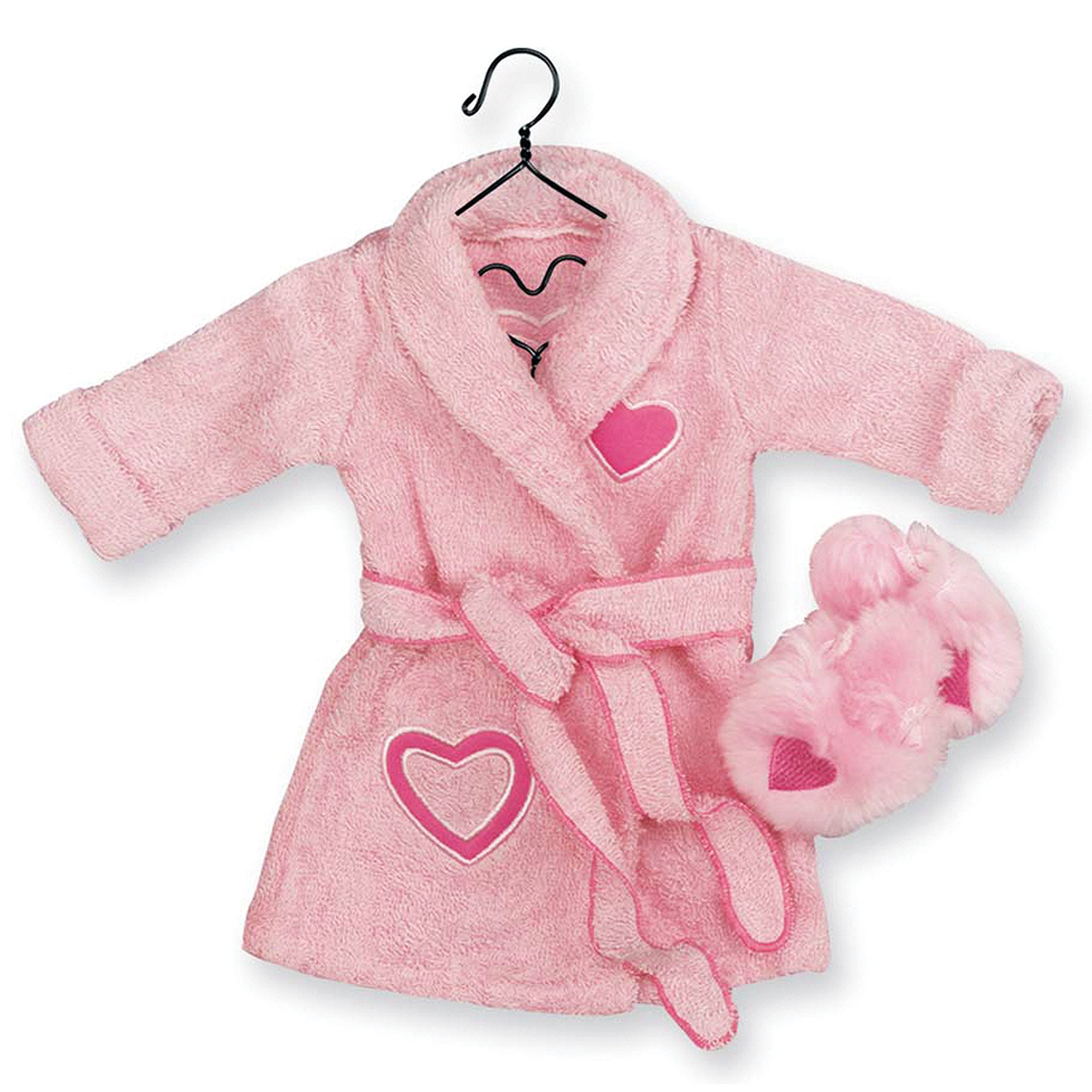 Sophia’s Fuzzy Terrycloth Robe & Matching Fluffy Slippers Set with Cute Heart Appliques for 18” Dolls, Pink