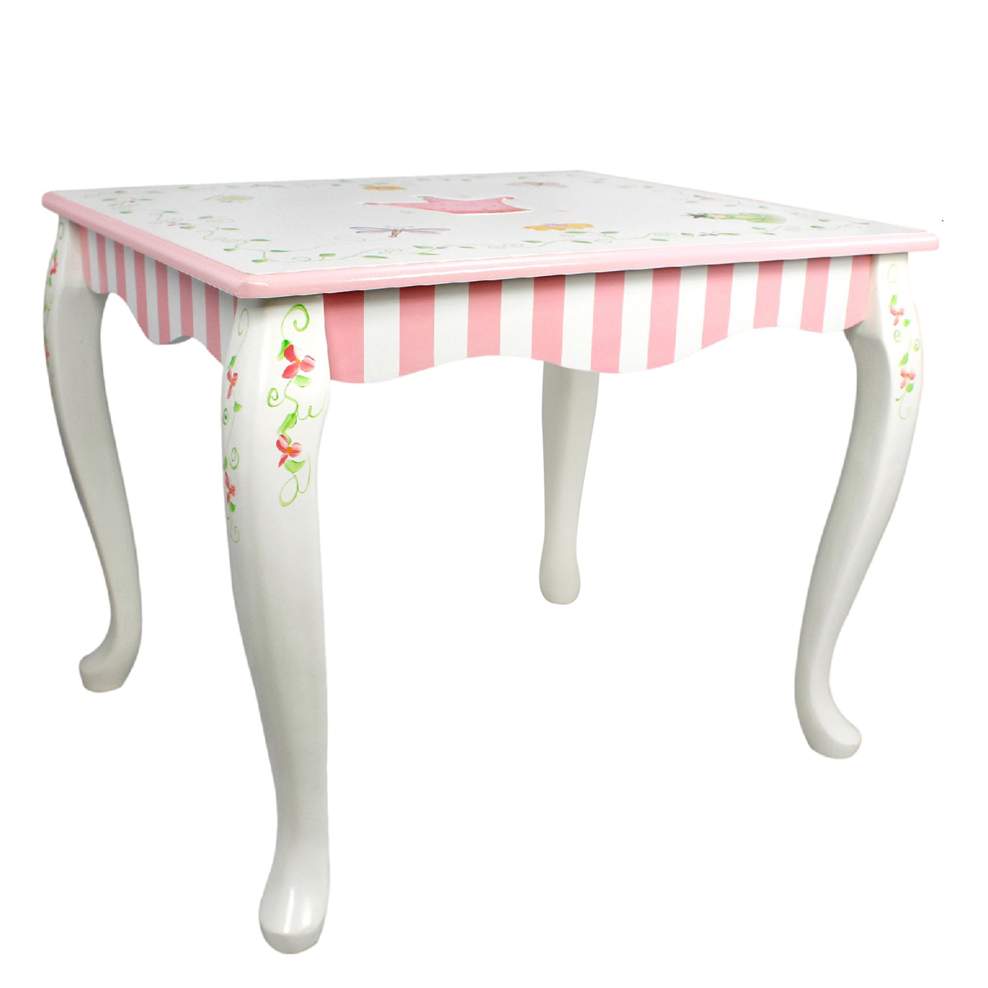 Fantasy Fields Toy Furniture Princess & Frog Table with Hand-Carved Cabriole Legs, Scalloped Striped Apron, & Hand-Painted Flower Garden Details, White/Pink