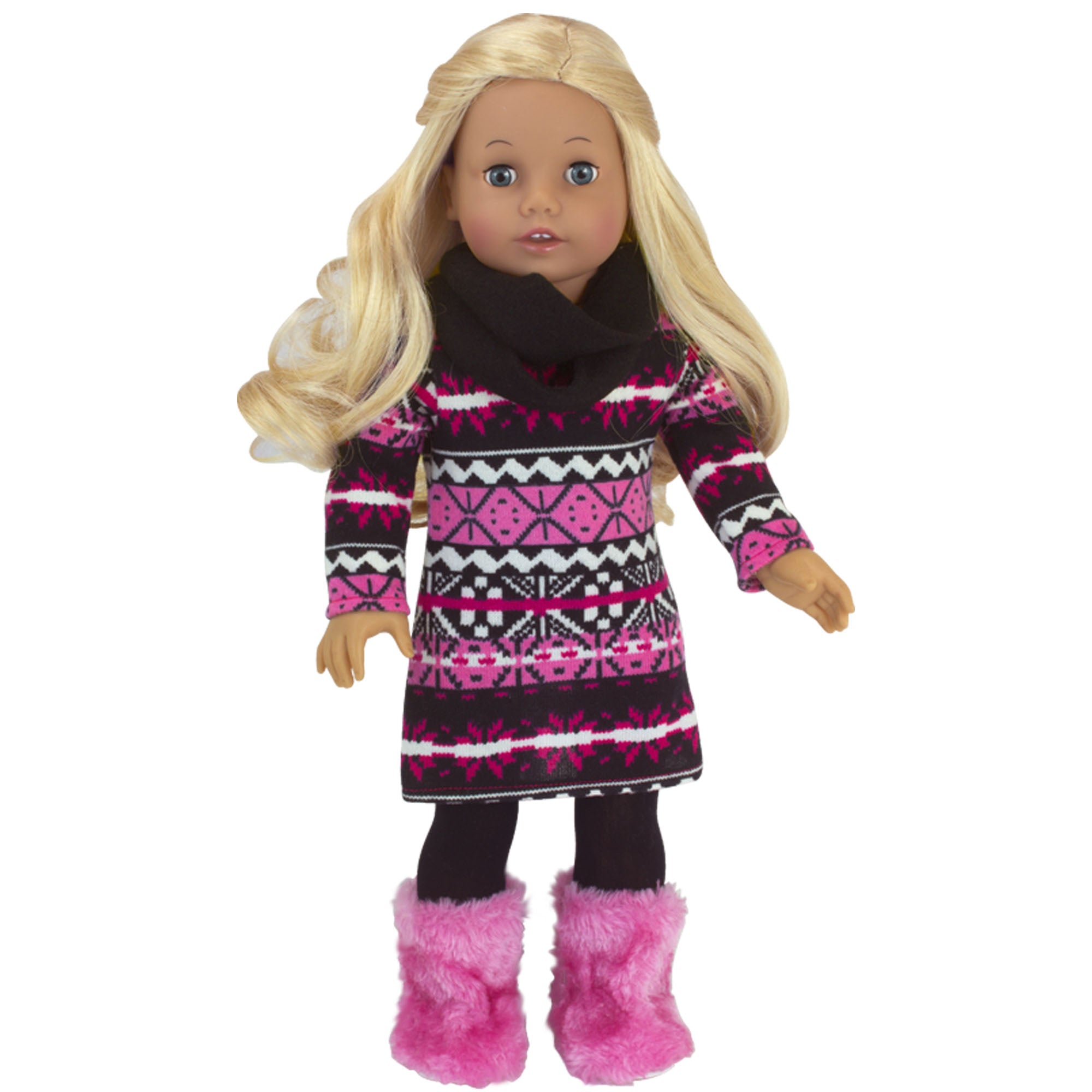 Sophia’s Cute & Stylish Mix & Match Ikat Print Seasonal Winter Knit Dress & Infinity Scarf Outfit Set for 18” Dolls, Hot Pink/Black