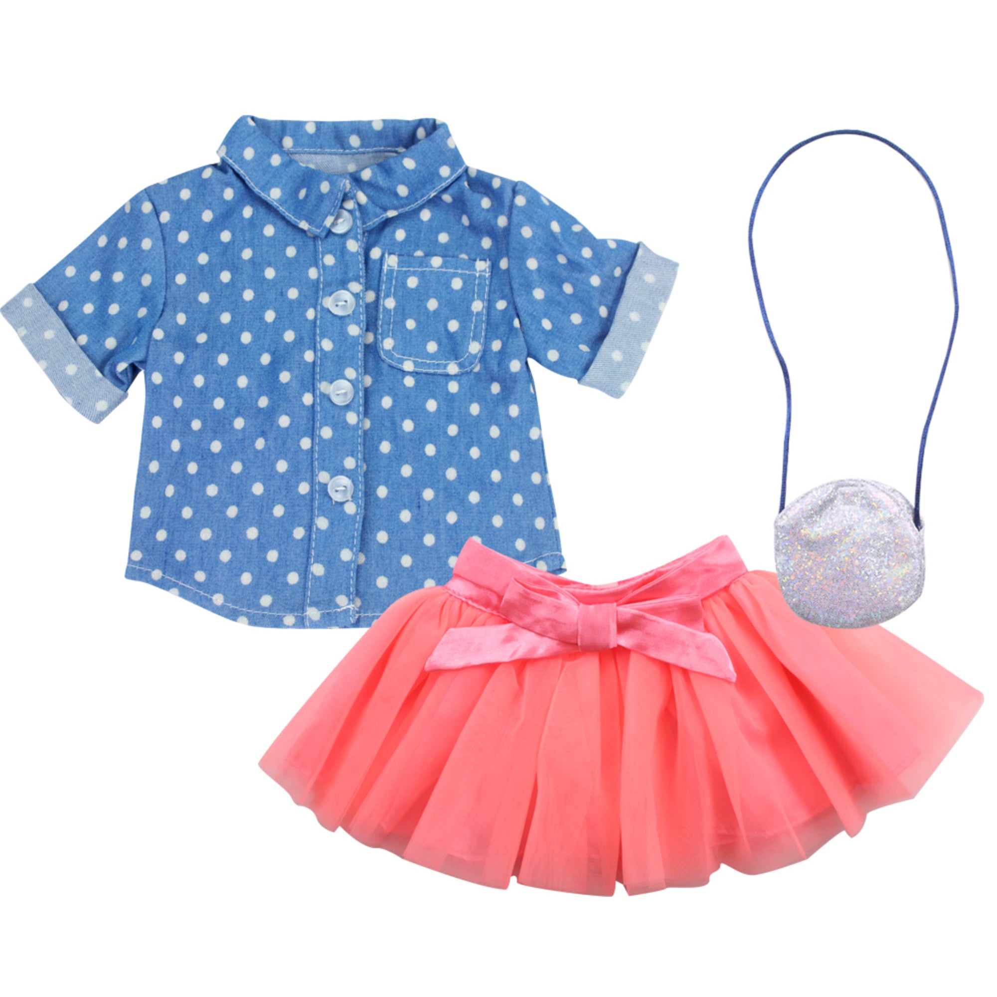 Sophia’s Complete 3-Piece Denim Polka Dot Shirt, Short Ball Skirt, & Sparkly Round Purse Outfit Set for 18” Dolls, Blue/Pink
