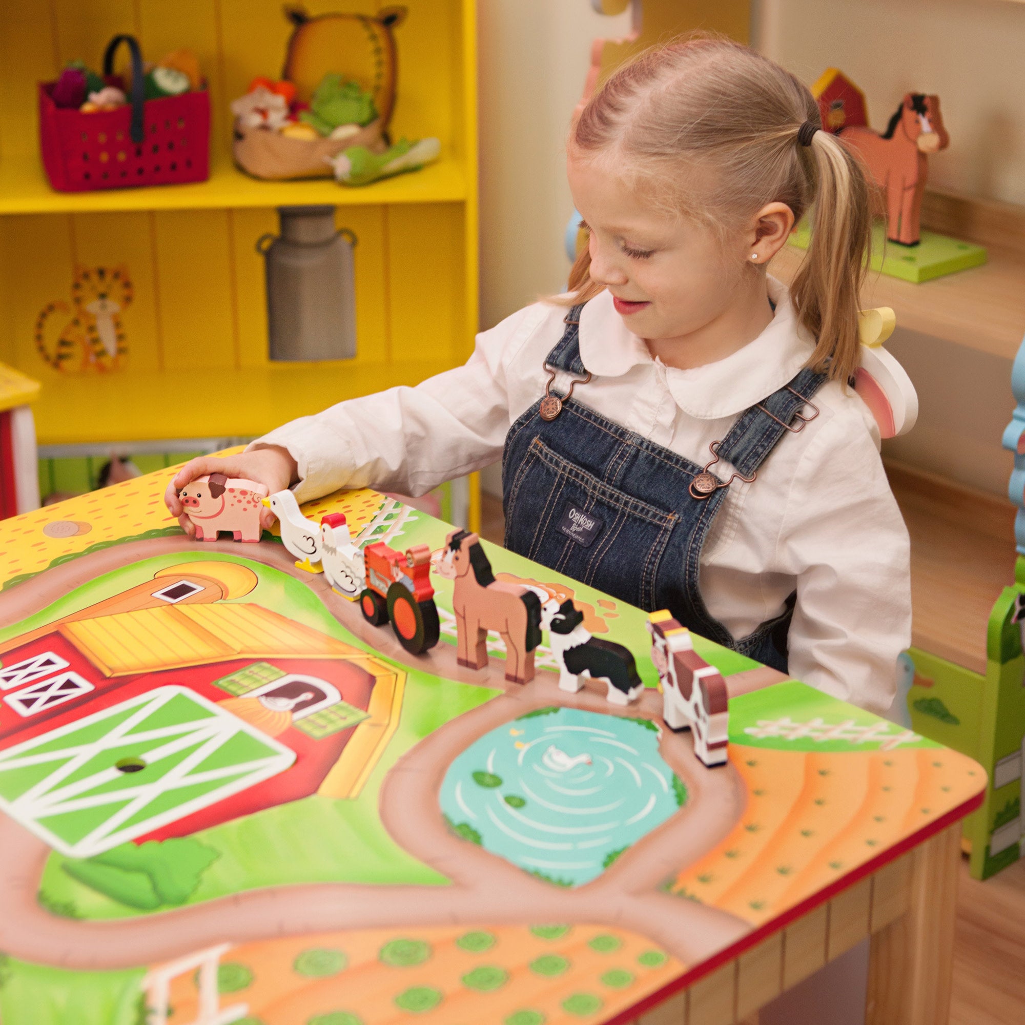 Fantasy Fields Toy Furniture Happy Farm Table with Painted Barnyard Animal Figurines & Built-In Storage, Multicolor