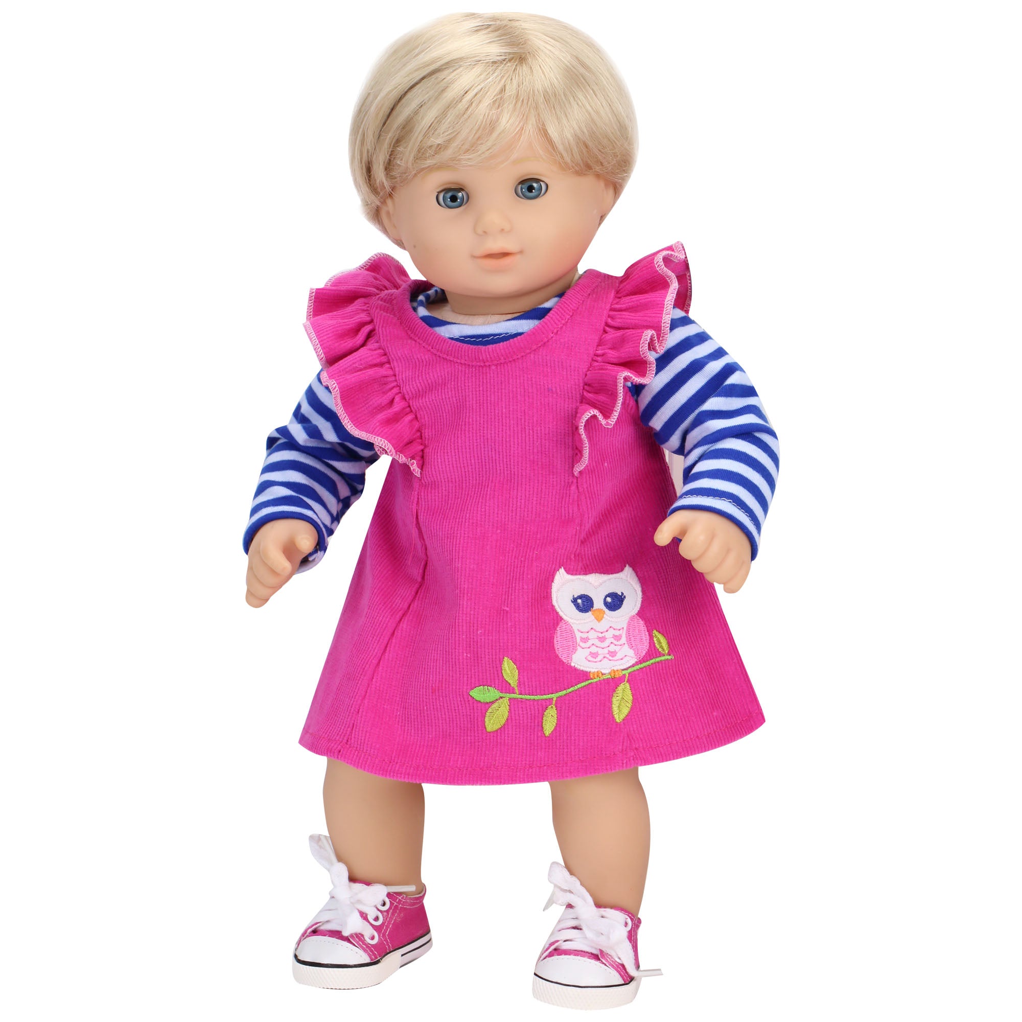 Sophia’s Cute Mix & Match Sleeveless Ruffled Corduroy Jumper with Embroidered Owl and Striped Long-Sleeve Tee for 15” Baby Dolls, Hot Pink/Blue