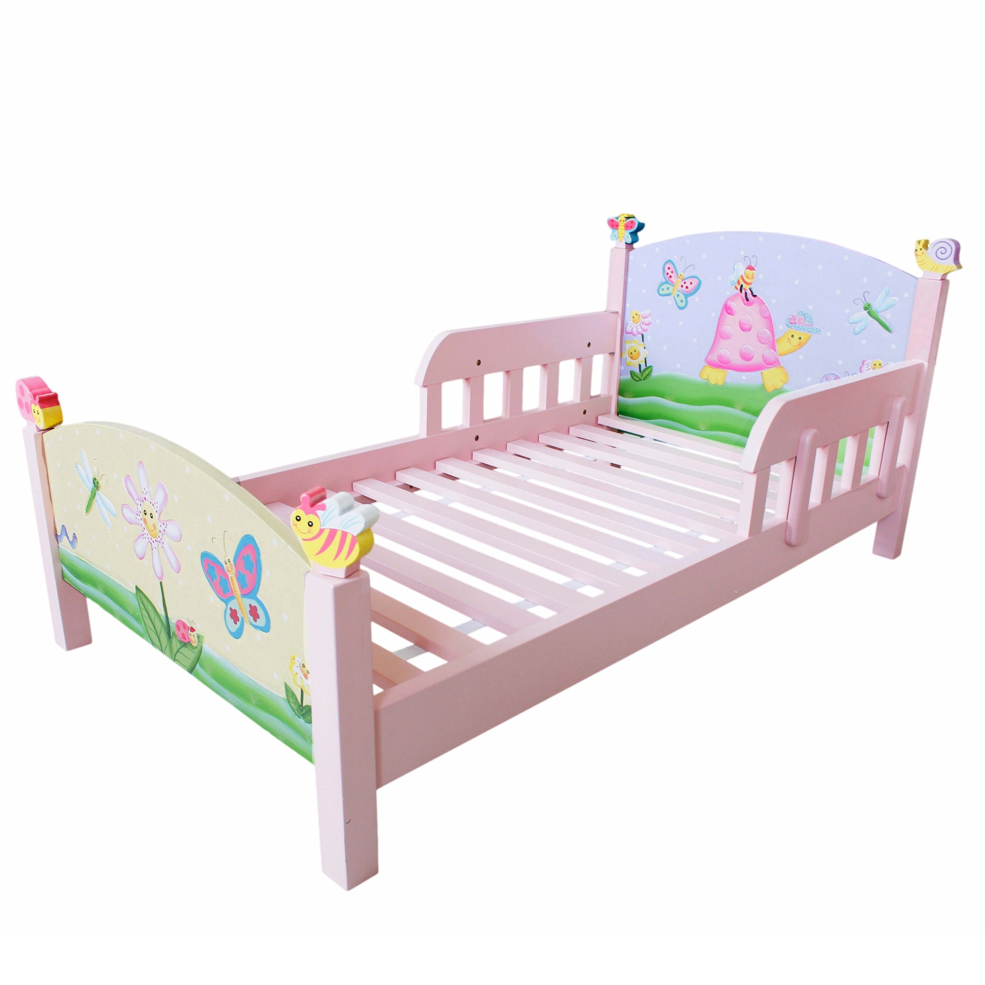 Fantasy Fields Toy Furniture Magic Garden Toddler Bed with Hand-Painted Murals & Hand-Carved Smiling Bug Friend Accents, Pink/Green