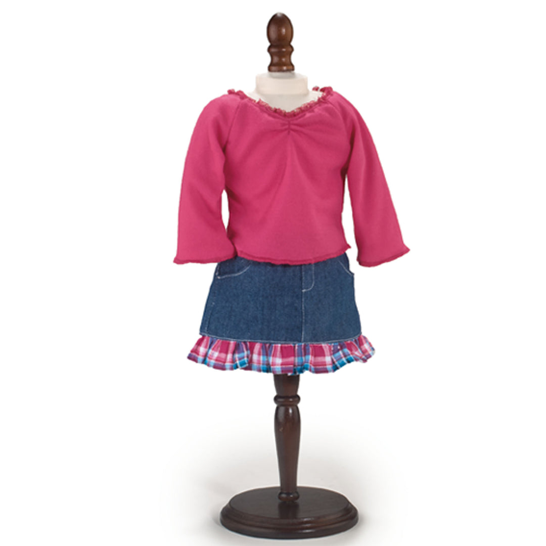 Sophia’s Mix & Match Long-Sleeved Cinched Tee & Denim Skirt with Plaid Ruffle Trim Outfit Set for 18” Dolls, Hot Pink/Blue