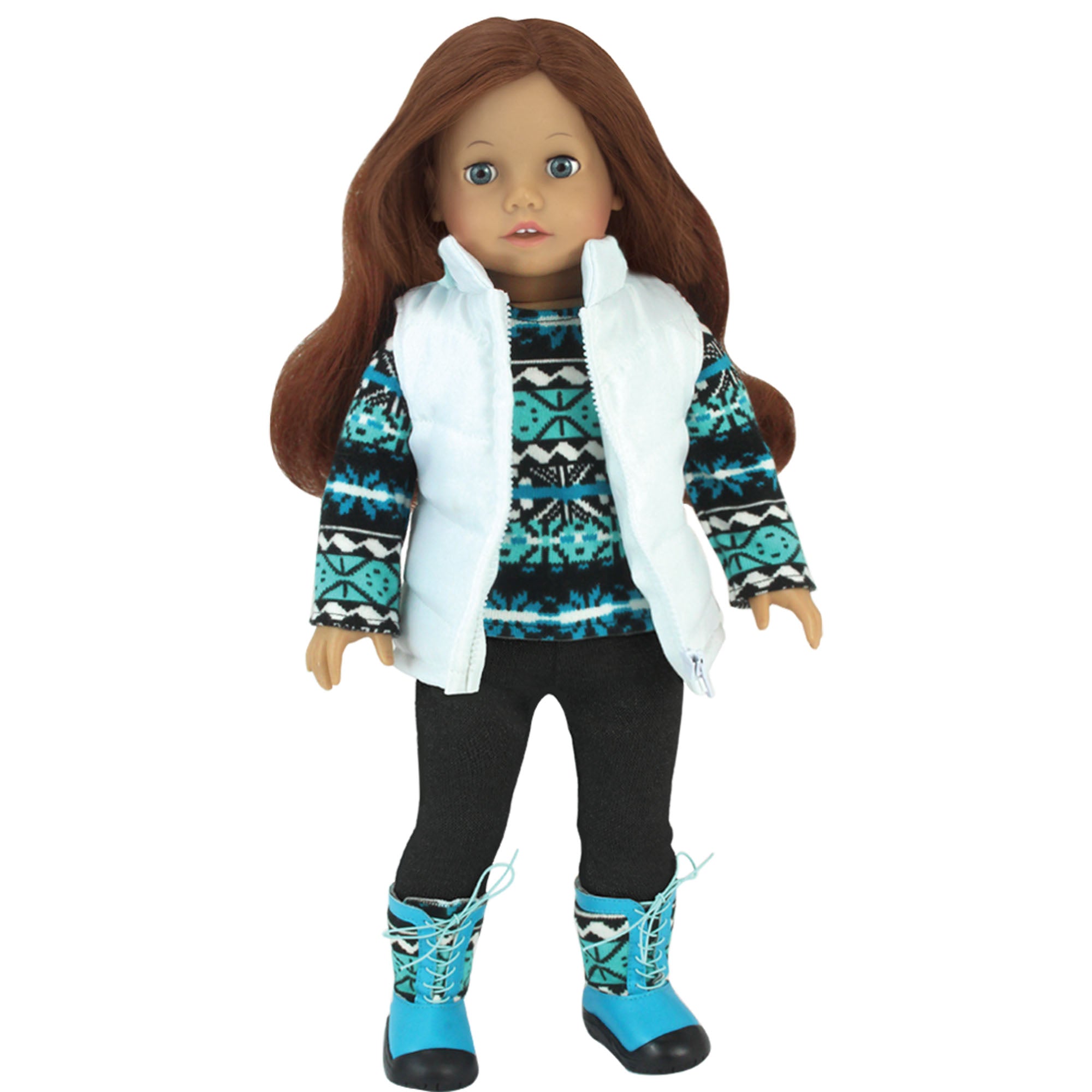 Sophia’s Complete Three-Piece Winter Boho Outfit with Ikat Print Sweater, Leggings, & Vest, Blue