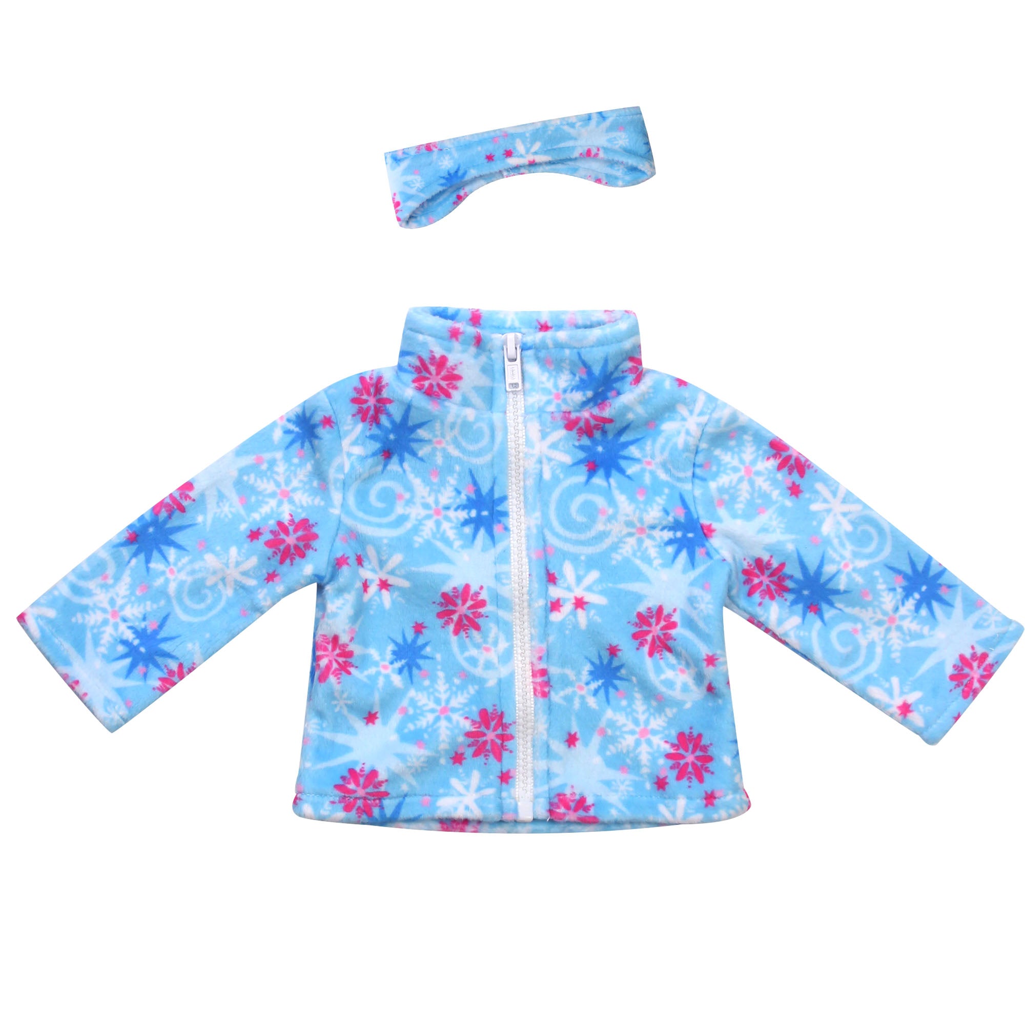 Sophia’s Seasonal Winter Snowflake Print Fleece Zip-Up Jacket & Matching Earmuff Set for 18” Dolls, Light Blue