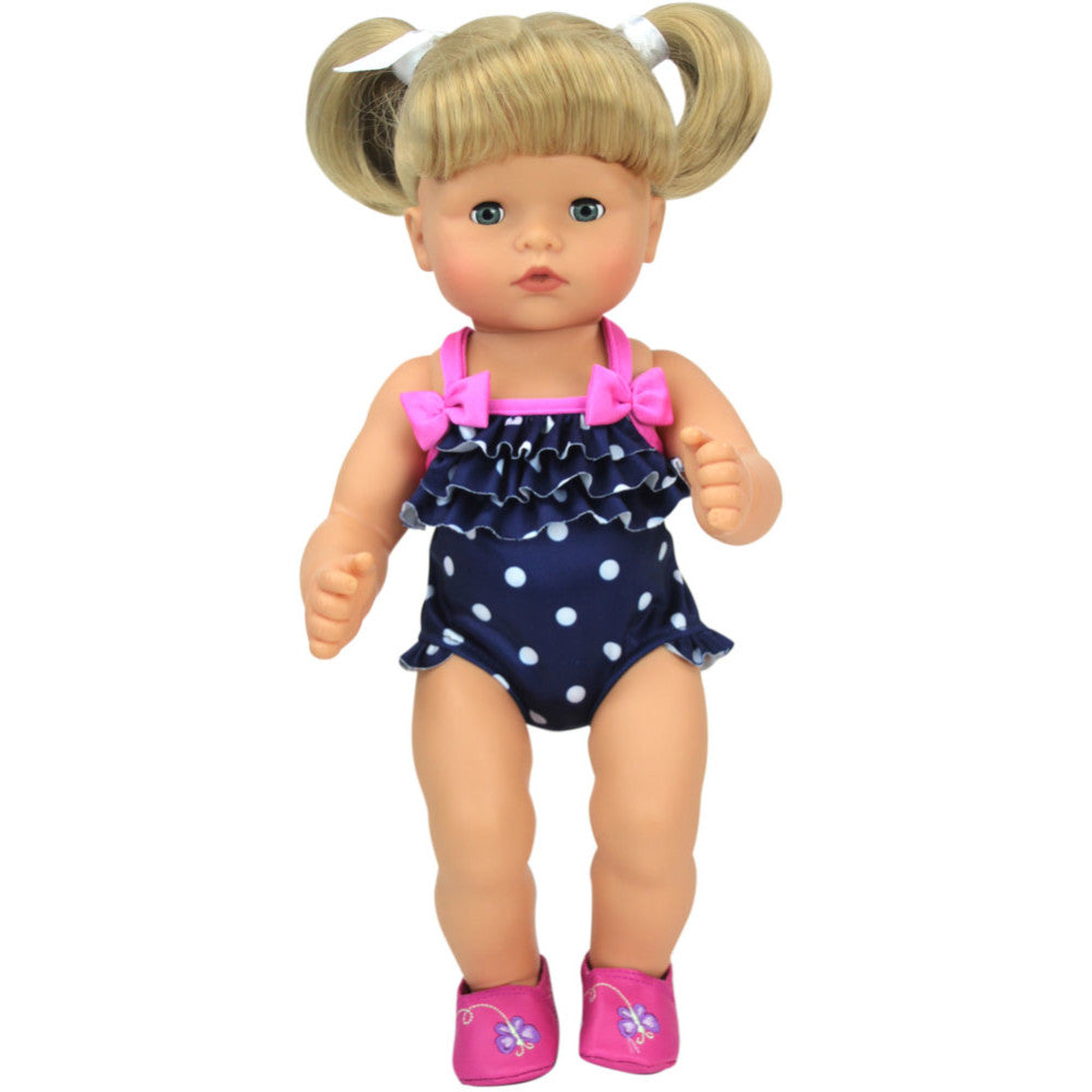 Sophia’s Polka Dot Ruffled Bathing Suit with Pink Trim for 15” Baby Dolls, Navy