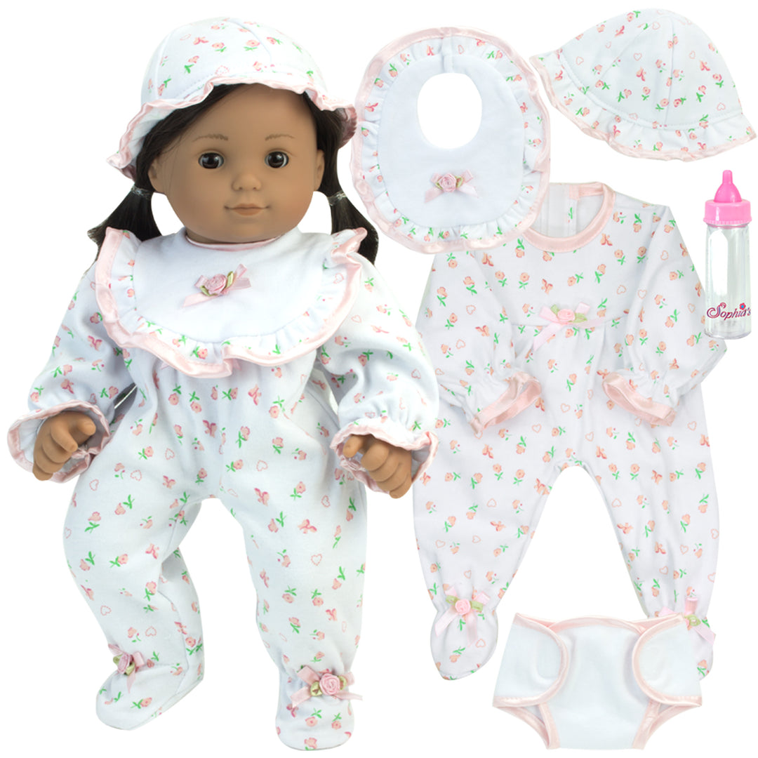 Sophia's 5 Piece Floral Print Baby Doll and Bottle Set for 15'' Dolls, White/Pink