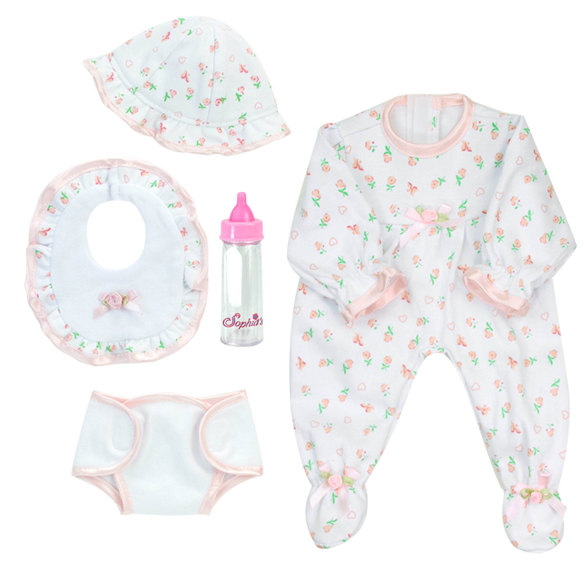 Sophia's 5 Piece Floral Print Baby Doll and Bottle Set for 15'' Dolls, White/Pink