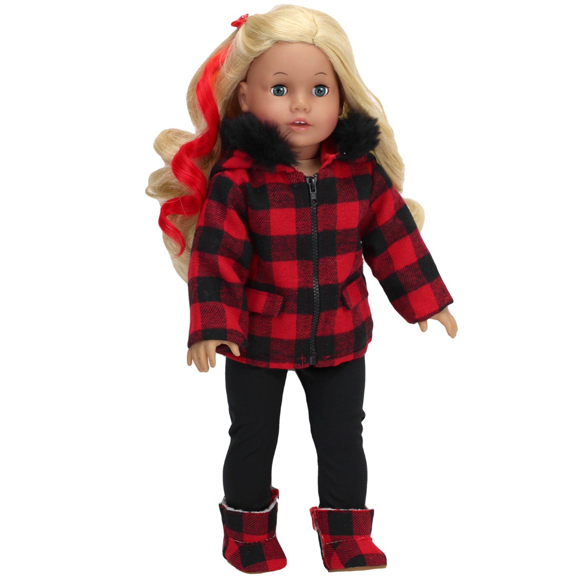 Sophia’s Three-Piece Plaid Buffalo Check Fur-Trimmed Winter Coat with Leggings & Matching Scarf for 18” Dolls, Red/Black