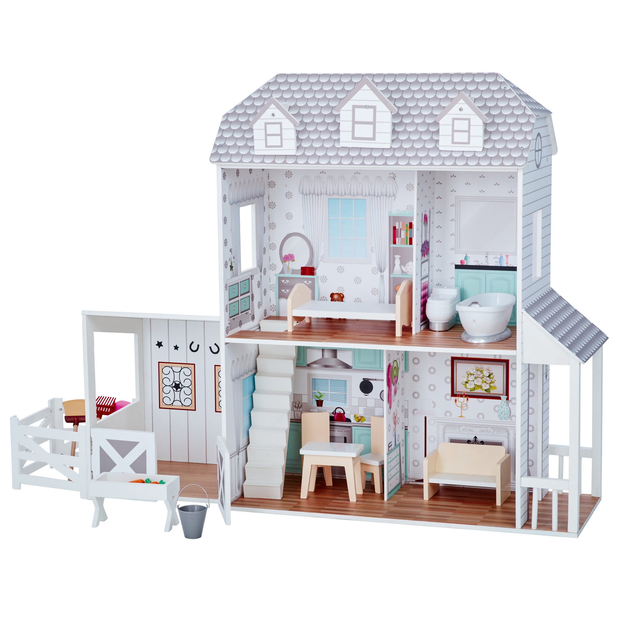 Teamson Kids Dreamland Farm Dollhouse with 14 Accessories, White/Gray
