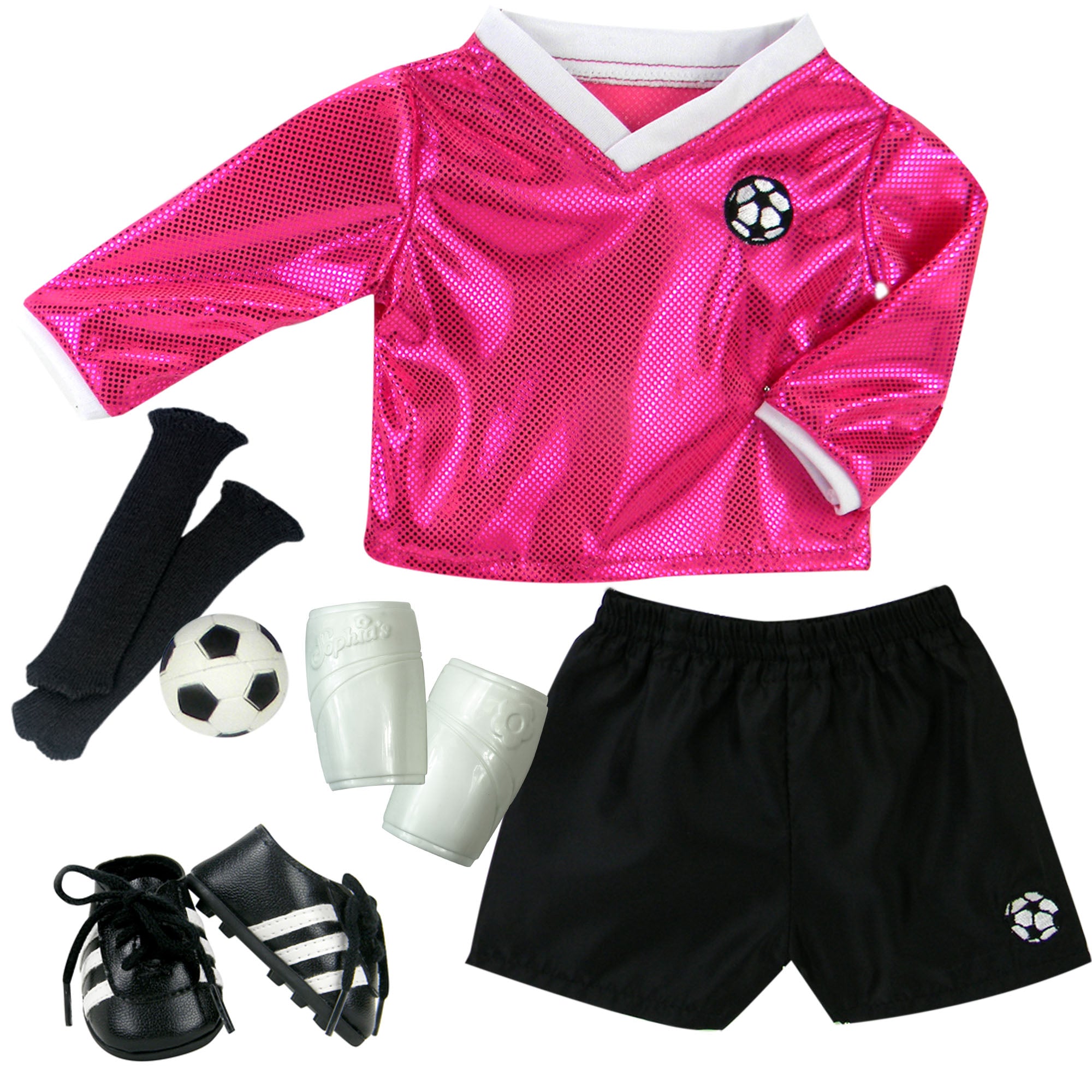 Sophia's 6 Piece Soccer Uniform Outfit Set for 18'' Dolls, Fuchsia