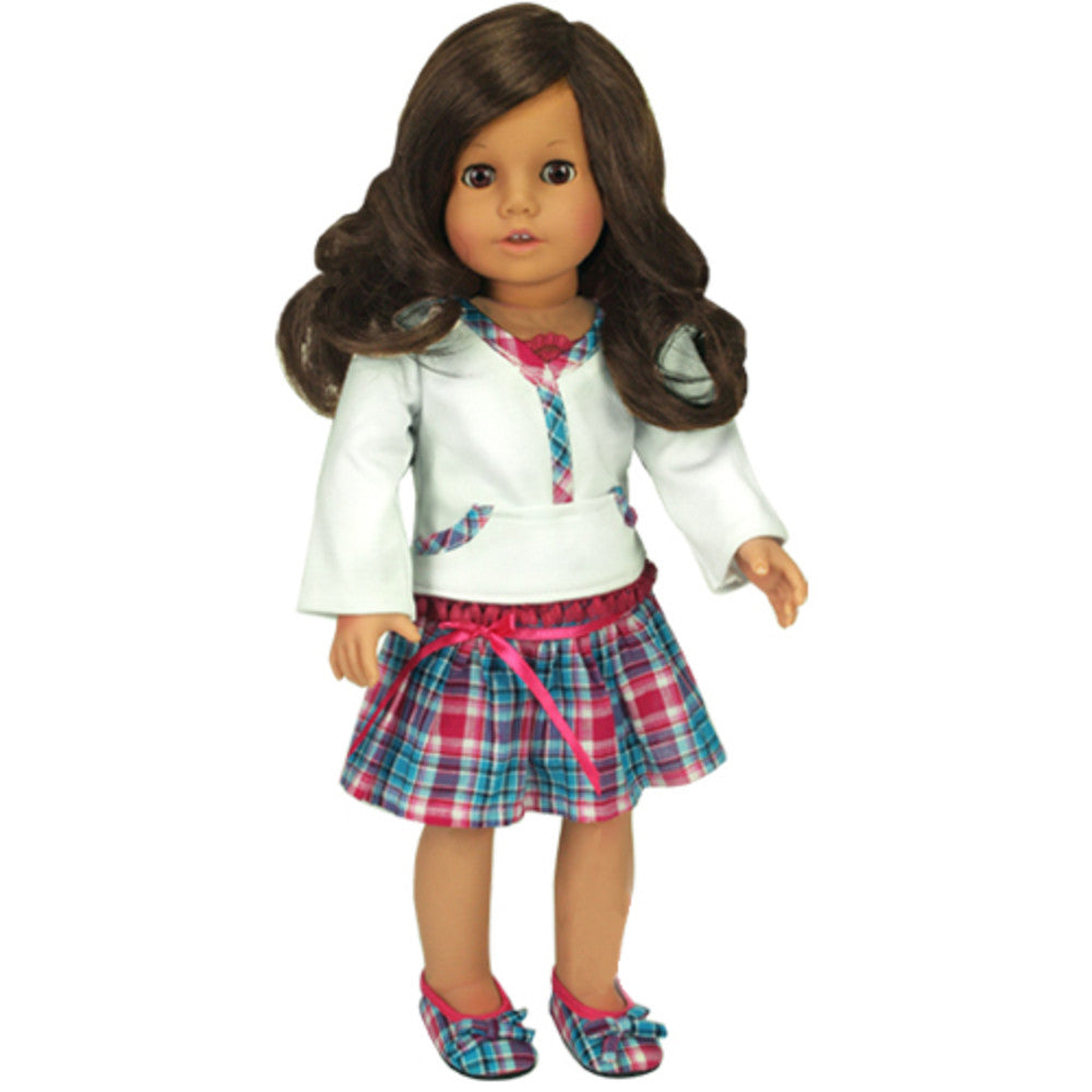 Sophia’s Flared Long-Sleeved Shirt with Front Pockets & Pleated Plaid Skirt Complete Outfit Set for 18” Dolls, Hot Pink/Blue