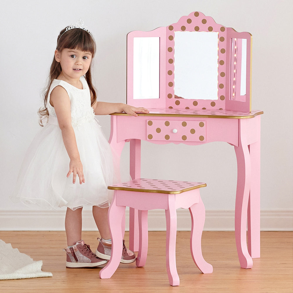 Fantasy Fields Polka Dot Prints Gisele Vanity Playset with LED Mirror, Pink/Gold