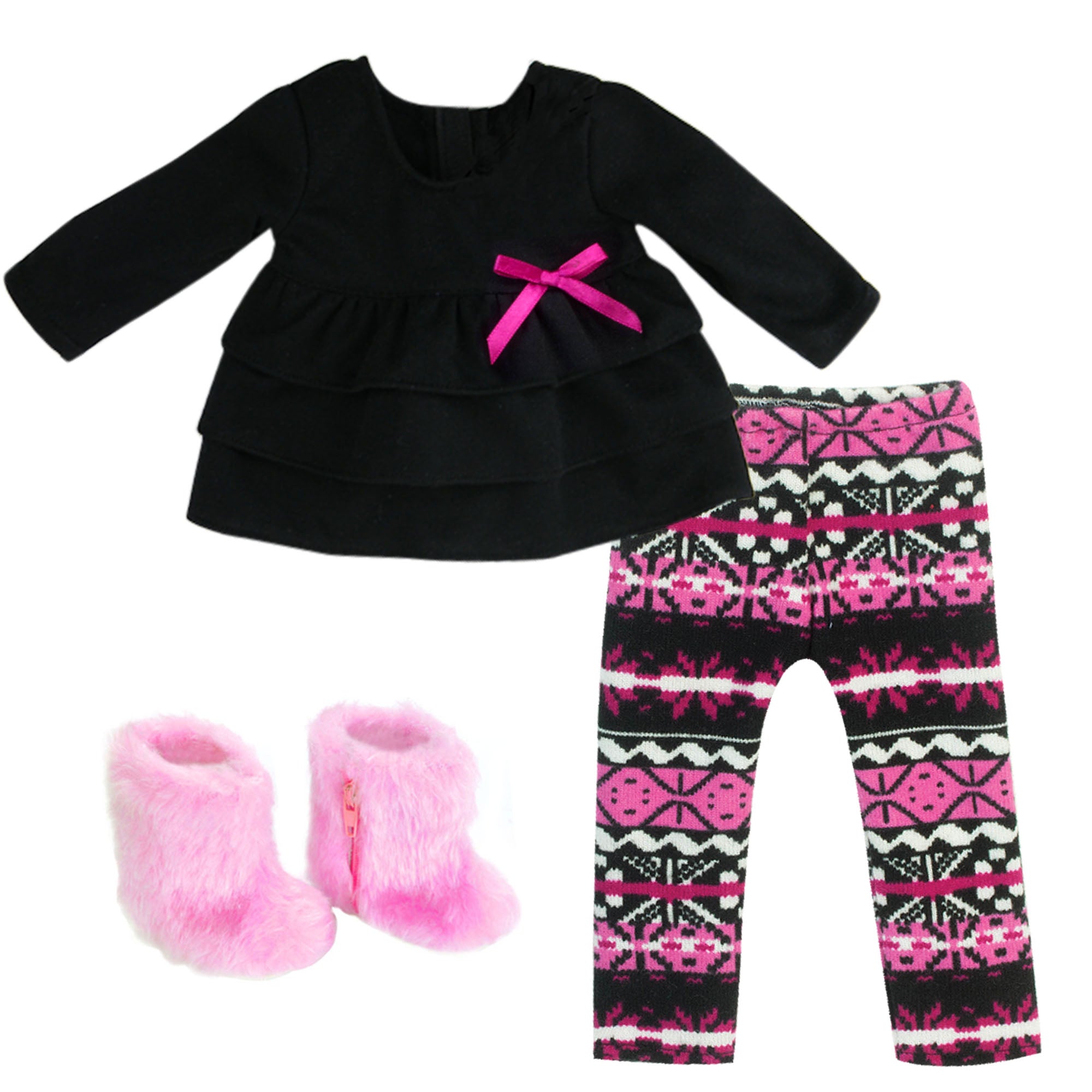Sophia’s Mix & Match Ikat Print Knit Leggings, Long-Sleeved Ruffle Top, & Fuzzy Boots Complete Outfit Set for 18” Dolls, Hot Pink/Black