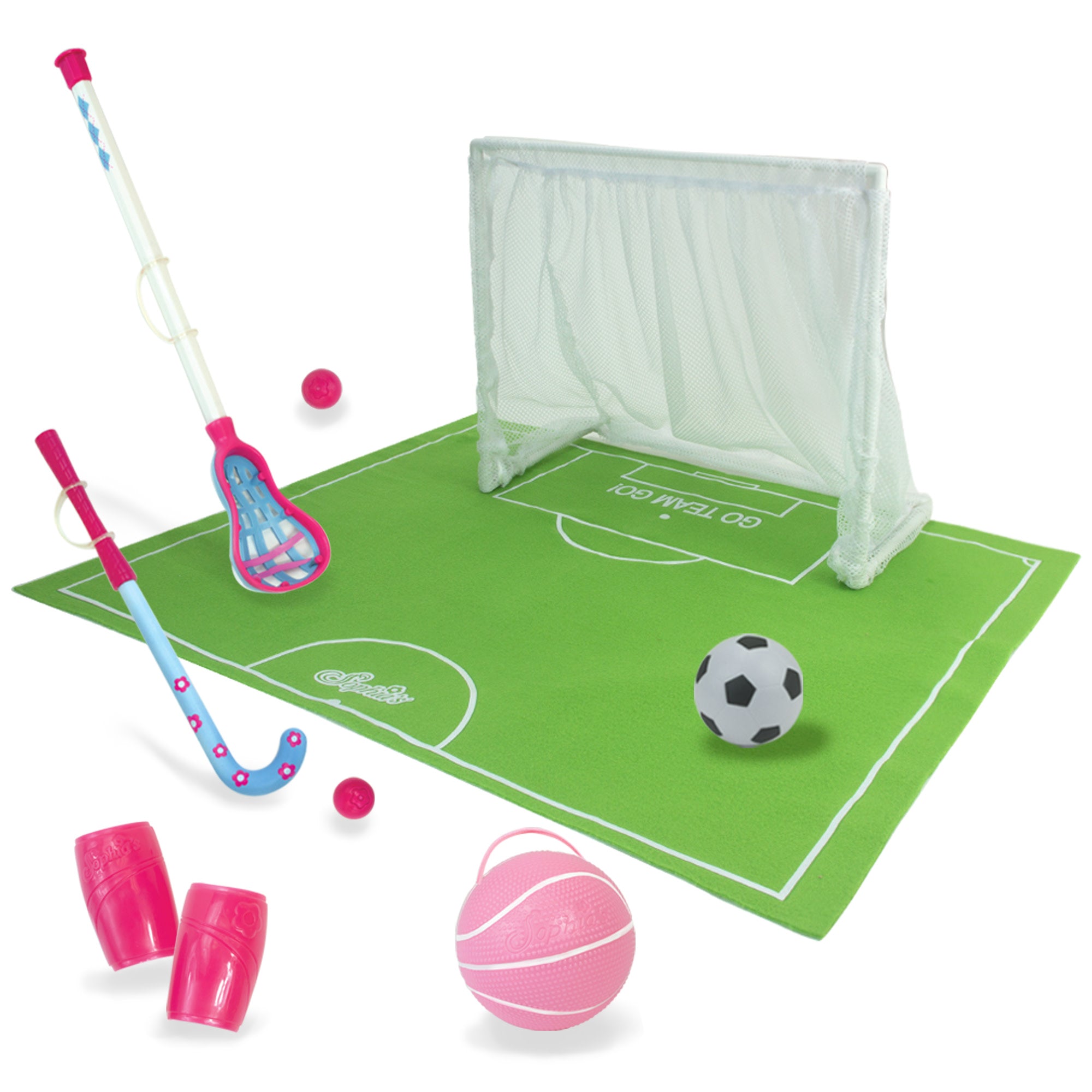 Sophia’s Complete Lacrosse, Field Hockey, Soccer, & Basketball Sports Equipment Playset for 18” Dolls, Pink/Green
