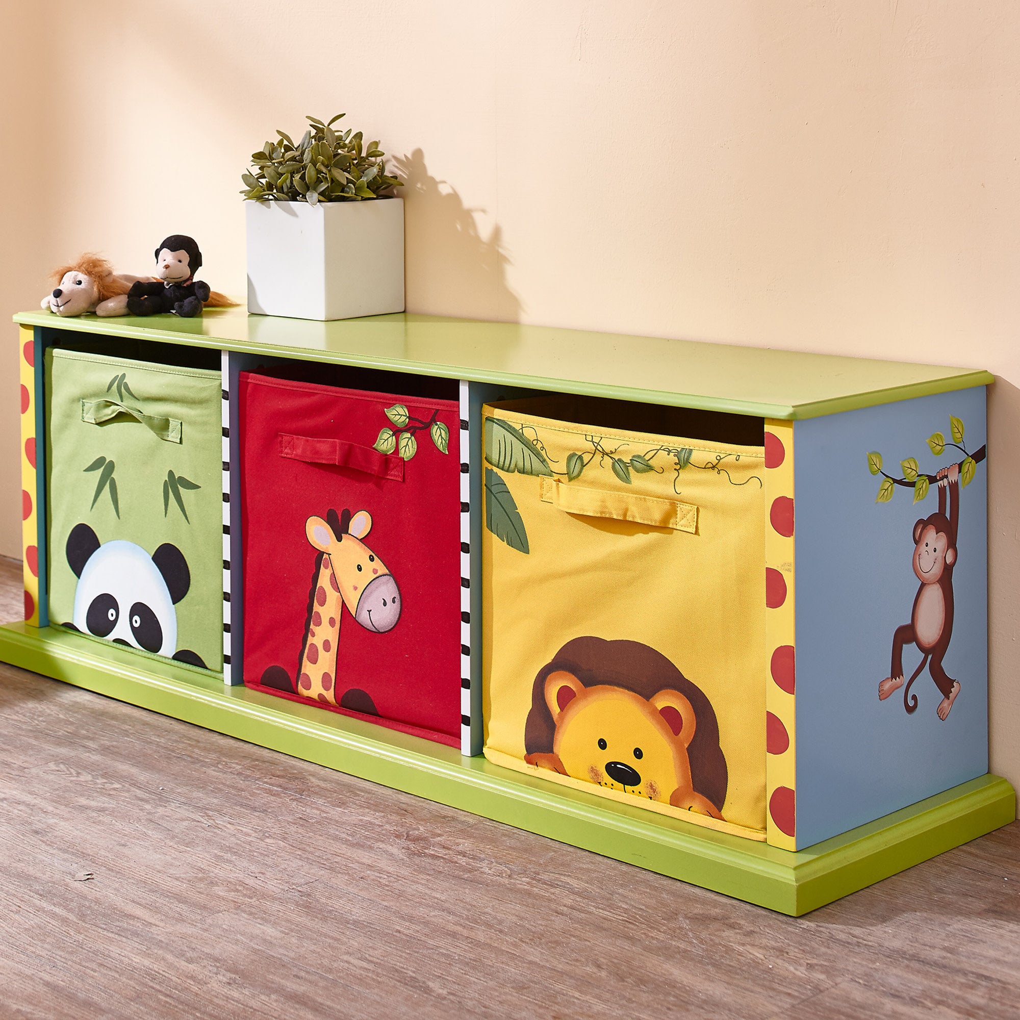 Fantasy Fields Sunny Safari Kids Wooden Painted Storage Cubby Bench with Fabric Bins, Multicolor